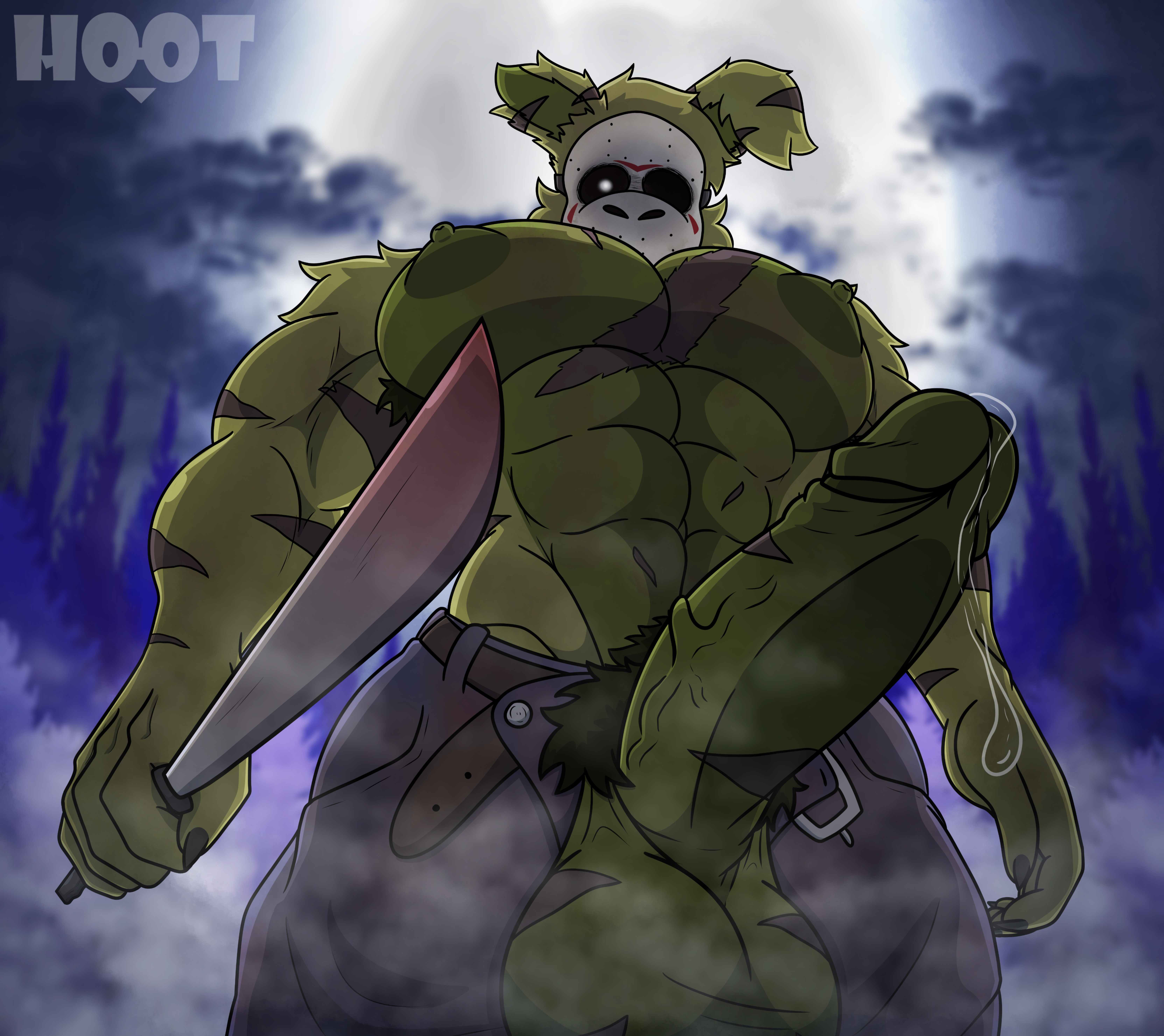jason voorhees, springtrap, springtrap (fnaf), halloween, holidays, absurd res, digital media (artwork), hi res, abs, animal humanoid, anthro, armpit hair, balls, bodily fluids, body hair, bottomwear, clothed, clothing, dg254, fog, forest, forest background, friday the 13th (series), fur, genital fluids, genitals, hair, humanoid, lagomorph, leporid, looking at viewer, machete, male, mammal, mammal humanoid, mask, melee weapon, moon, muscular, muscular anthro, muscular male, nature, nature background, night, nipples, pants, pecs, penis, plant, precum, pubes, rabbit, solo, tree, weapon, 