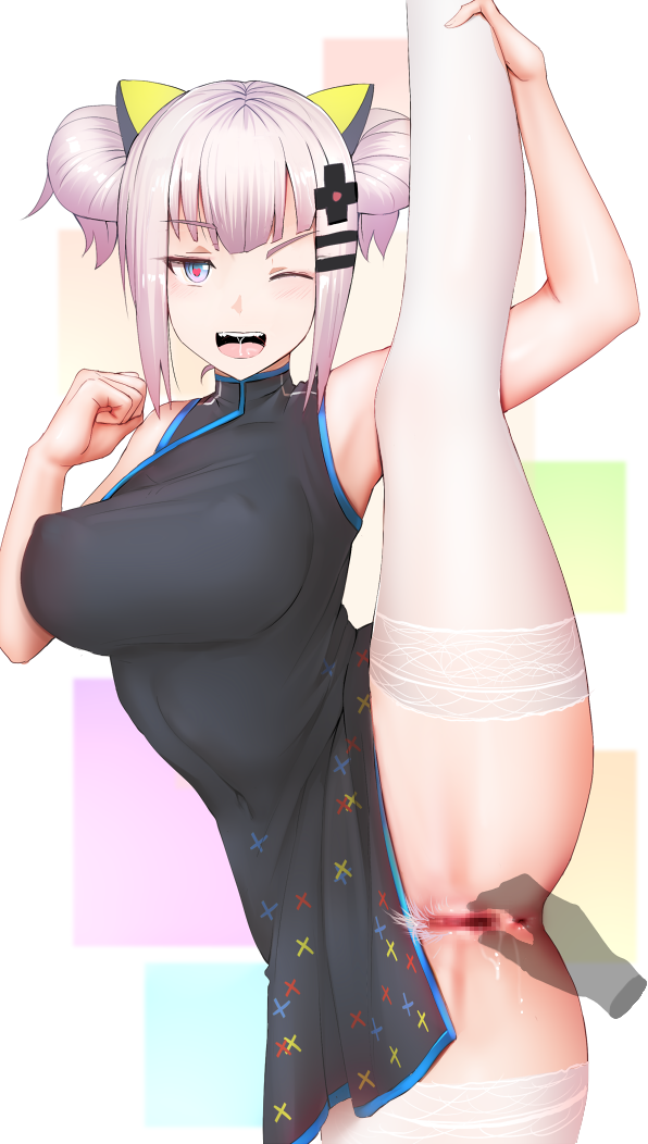 ginhaha, kaguya luna, kaguya luna (character), virtual youtuber, ;d, alternate costume, alternate hairstyle, anus, black dress, blue eyes, breasts, china dress, chinese clothes, disembodied limb, dress, erect nipples, eyebrows visible through hair, female, fingering, flexible, hair bun, hair ornament, heart, heart-shaped pupils, large breasts, leg up, looking at viewer, no panties, one eye closed, open mouth, pubic hair, pussy, pussy juice, saliva, silver hair, smile, solo focus, splits, symbol-shaped pupils, thighhighs, vertical splits, white legwear, 