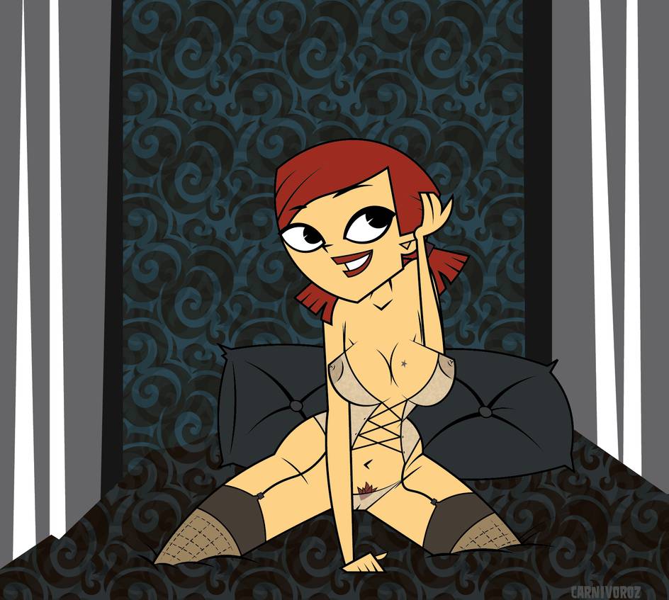 carnivoroz (artist), zoey (tdi), total drama island, tagme, 1girls, bed, breasts, female, female focus, female only, human, human only, lingerie, nipples, on bed, pubic hair, pussy, red hair, see-through, short hair, smile, tattoo, wide hips, 