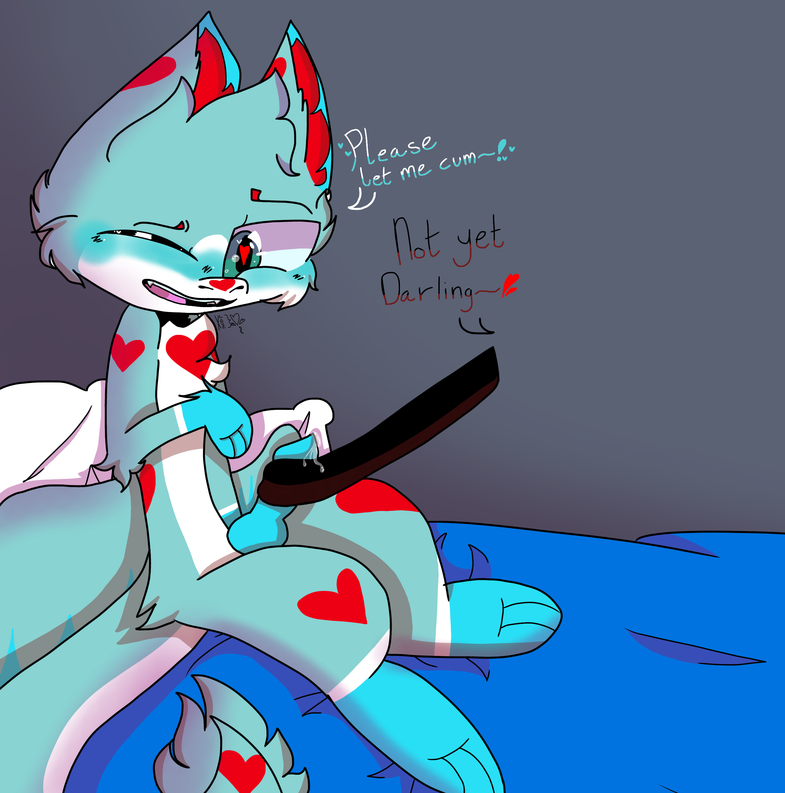 absurd res, hi res, ambiguous gender, angel dragon, anthro, begging, begging for mercy, blue body, blue fur, bodily fluids, cum, cum leaking, denial, domination, dragon, dutch angel dragon, edging, erection, fur, genital fluids, genitals, green eyes, hart the dutchie, heart, heart marking, leaking precum, leash, leash pull, male, no love (artist), one eye closed, orgasm denial, penis, precum, red body, red fur, solo, submissive, submissive male, white body, white fur, wink, 