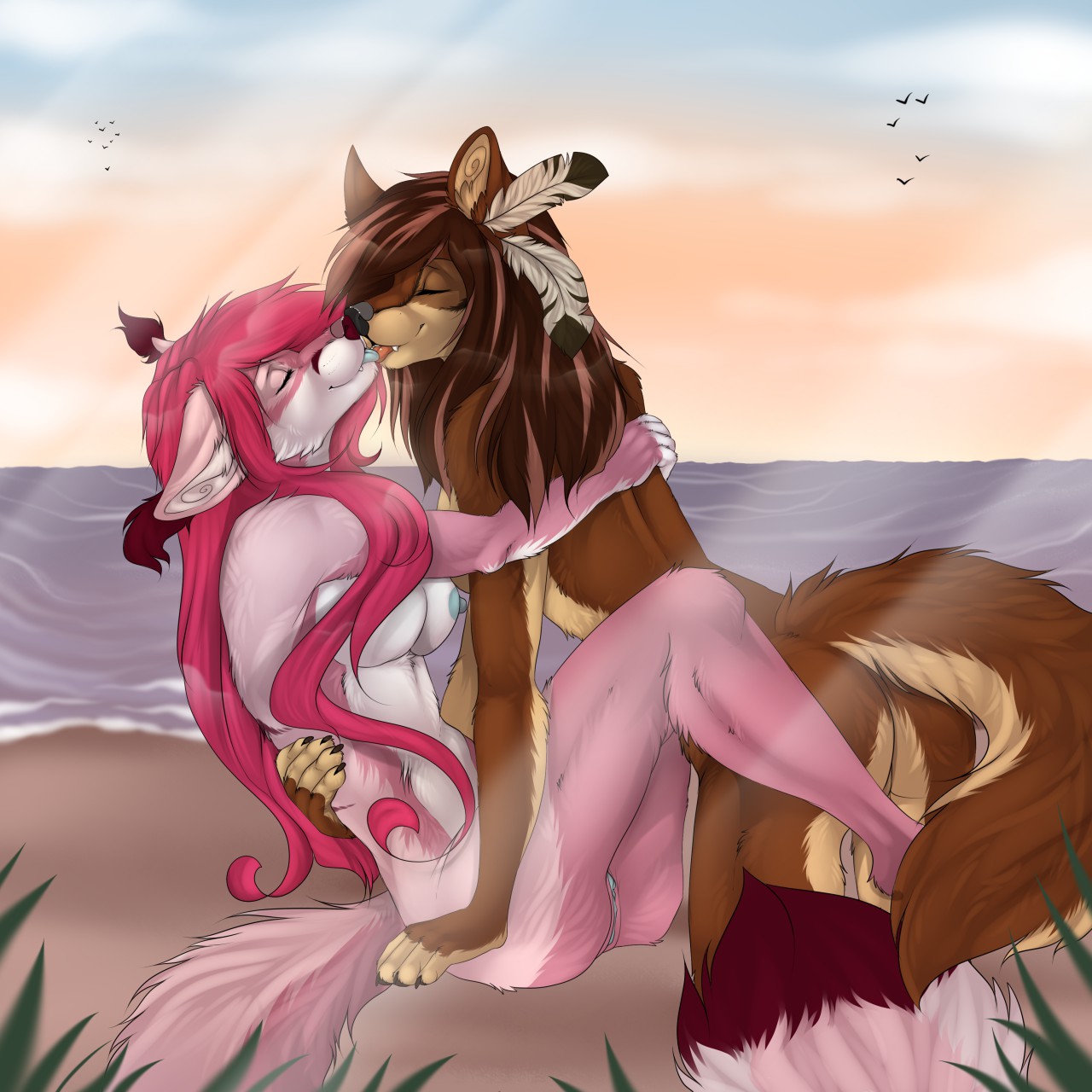 manikanika, anthro, beach, breasts, canine, duo, female, fox, french kissing, hug, kissing, mammal, nipples, nude, outside, pussy, seaside, smile, yuri, 