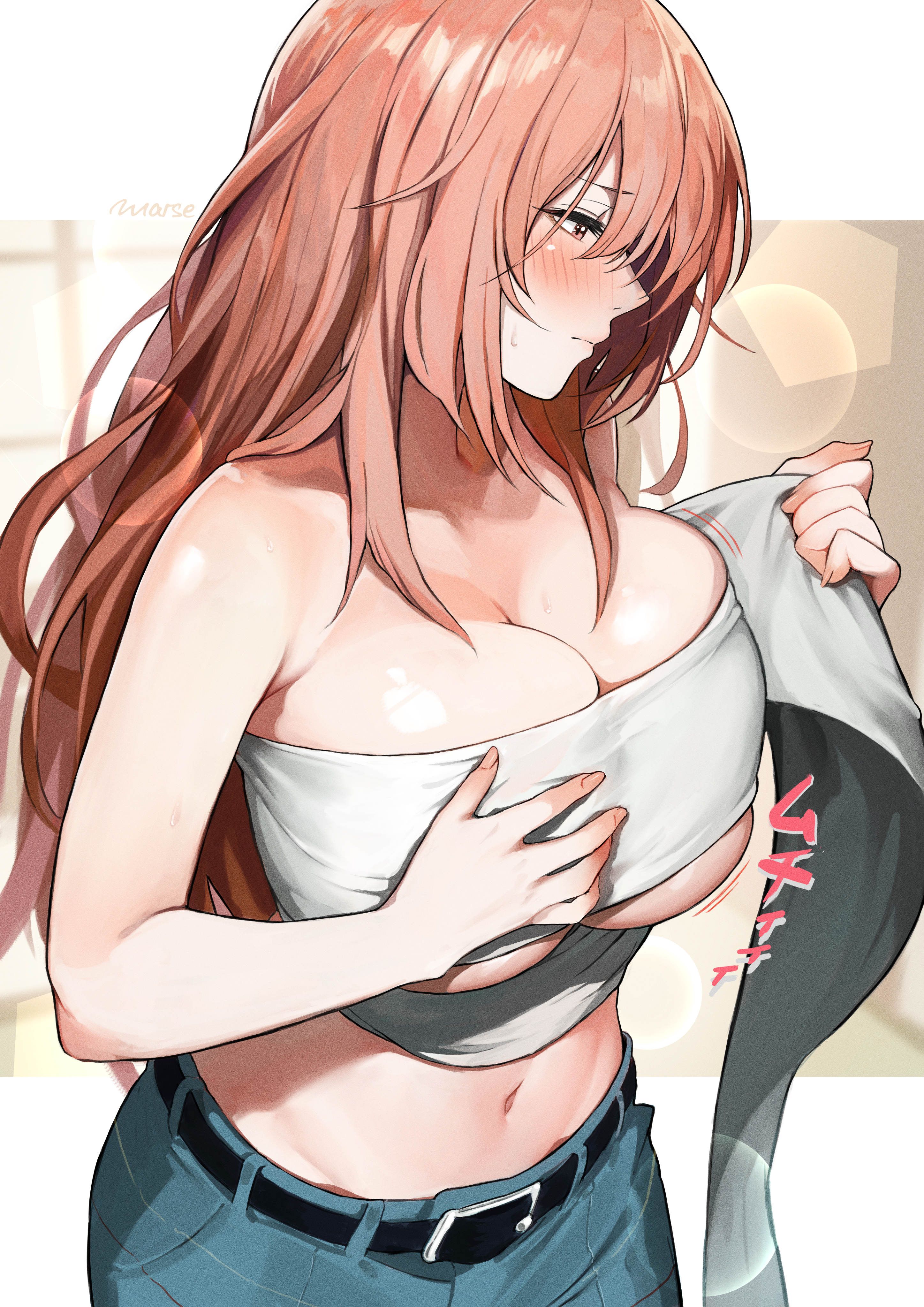 hi res, bare shoulders, belt, blush, breasts, busty, cleavage, curvy, curvy figure, female, huge breasts, inui shinju, marse 6, midriff, my dress up darling, navel, pink eyes, pink hair, sono bisque doll wa koi wo suru, sweatdrop, teenager, underboob, voluptuous, wrappings, 