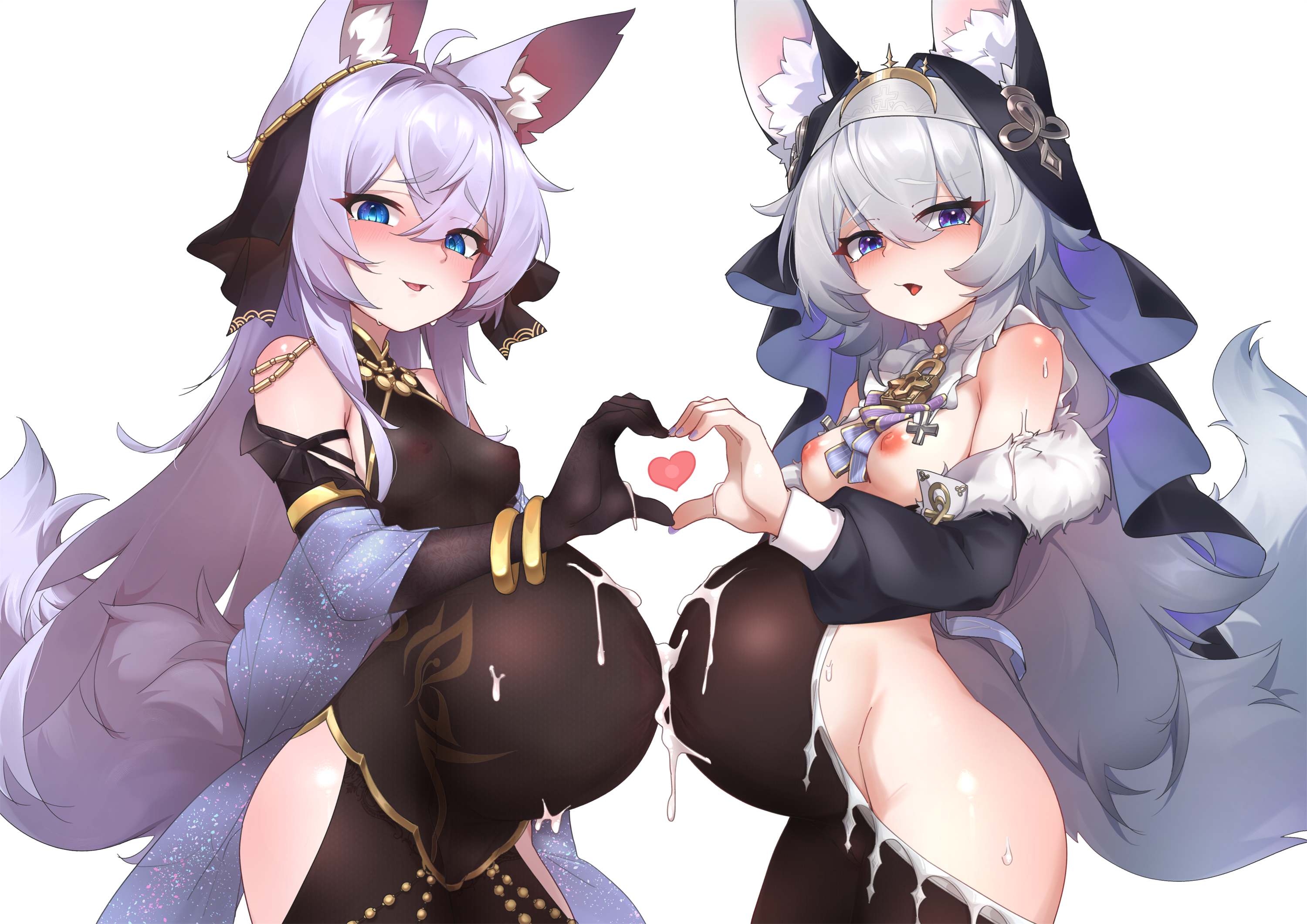 ahoge animal_ear_fluff animal_ears blue_eyes blush bracelet breasts brown_dress clothing_cutout covered_nipples cum cum_on_body cum_on_stomach dress elbow_gloves eyebrows_hidden_by_hair female from_side full-face_blush fur-trimmed_sleeves fur_trim gloves grey_hair hair_between_eyes heart heart_hands heart_hands_duo highres hip_vent jewelry lock_necklace long_hair looking_at_viewer medium_breasts nipples nun open_mouth original pink_hair pregnant shangtianrudi_xiaobailang simple_background smile sweat tail variant_set very_long_hair white_background wolf_ears wolf_girl wolf_tail