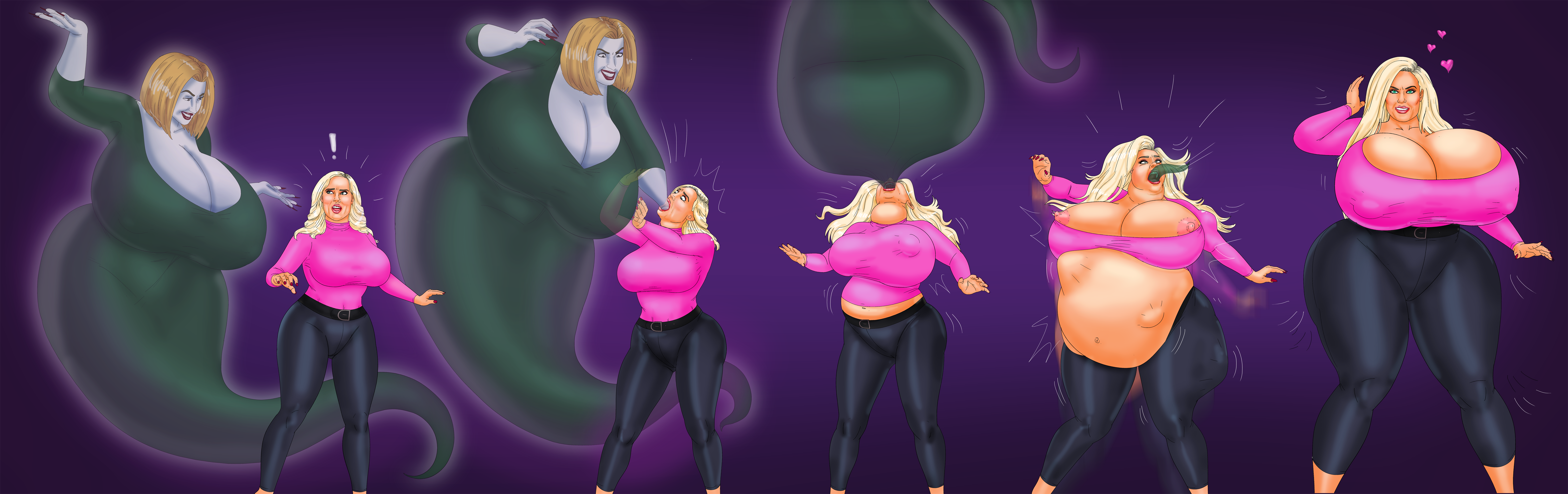 black pants, blonde hair, breast expansion, carrigan, expansion, ghost, gre...
