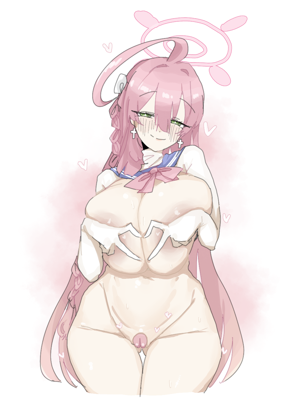 1girls ahoge antenna_hair bangs bangs_between_eyes blue_archive blush blush_lines bow_in_hair bowtie braid braided_hair breasts collar collar_only covering_breasts cross_earrings crucifix_earrings female green_eyes hair_between_eyes hair_bow hairbow halo hanako_(blue_archive) hands_making_heart heart heart_hands hearts large_breasts leebongchun long_hair looking_at_viewer make-up_work_club_(blue_archive) pink_bow pink_bowtie pink_hair pink_halo pussy pussy_pasty sailor_collar sidelocks smile smile_at_viewer smiling smiling_at_viewer solo trinity_general_school_student turtleneck very_long_hair white_background white_bow