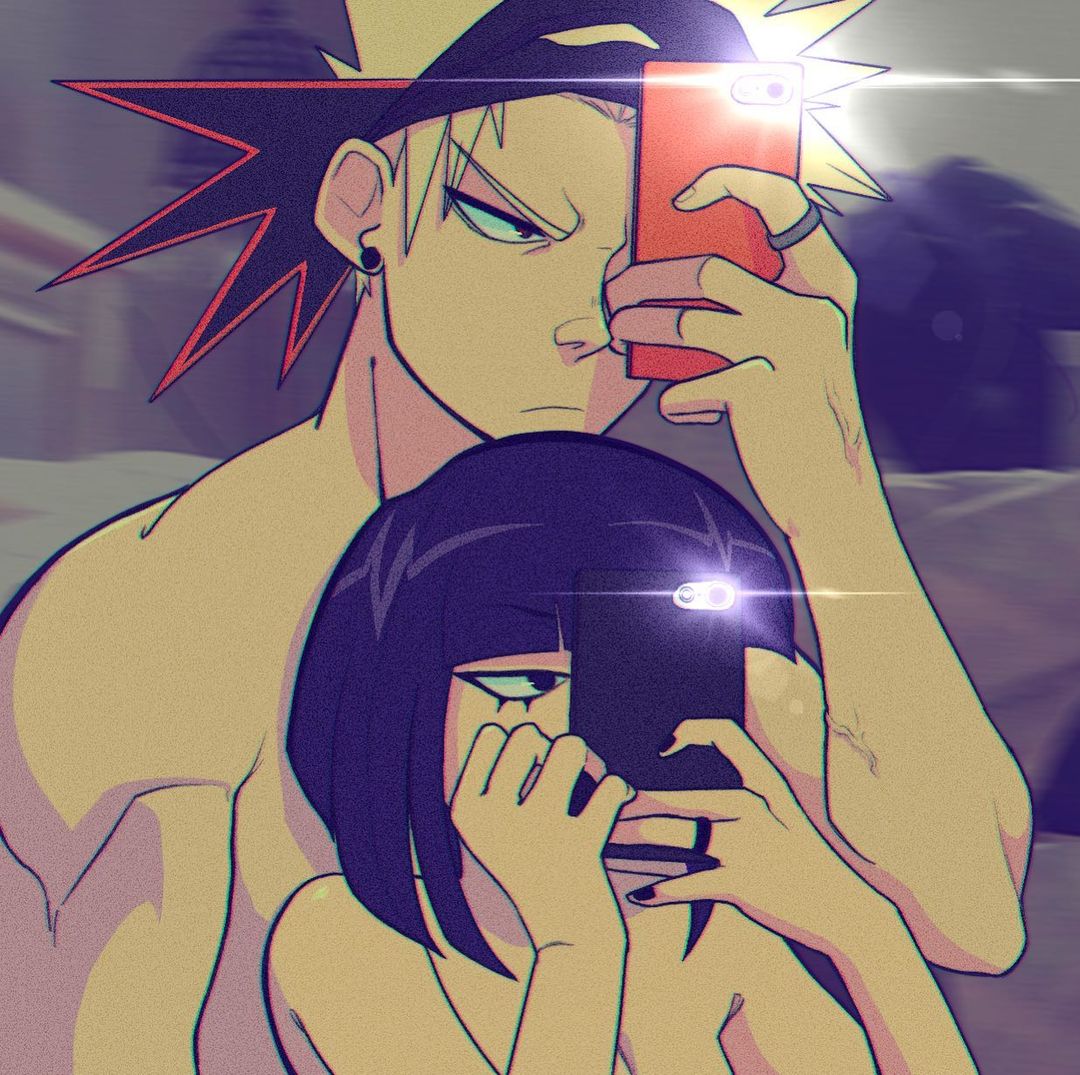 katsuki bakugou, kyoka jiro, my hero academia, 1boy1girl, black nails, blonde hair, bob cut, female, looking at phone, male, male/female, mask on head, muscular male, nude, one eye covered, painted nails, phone, phone camera, ring, short hair, spiky hair, straight, taking picture, 