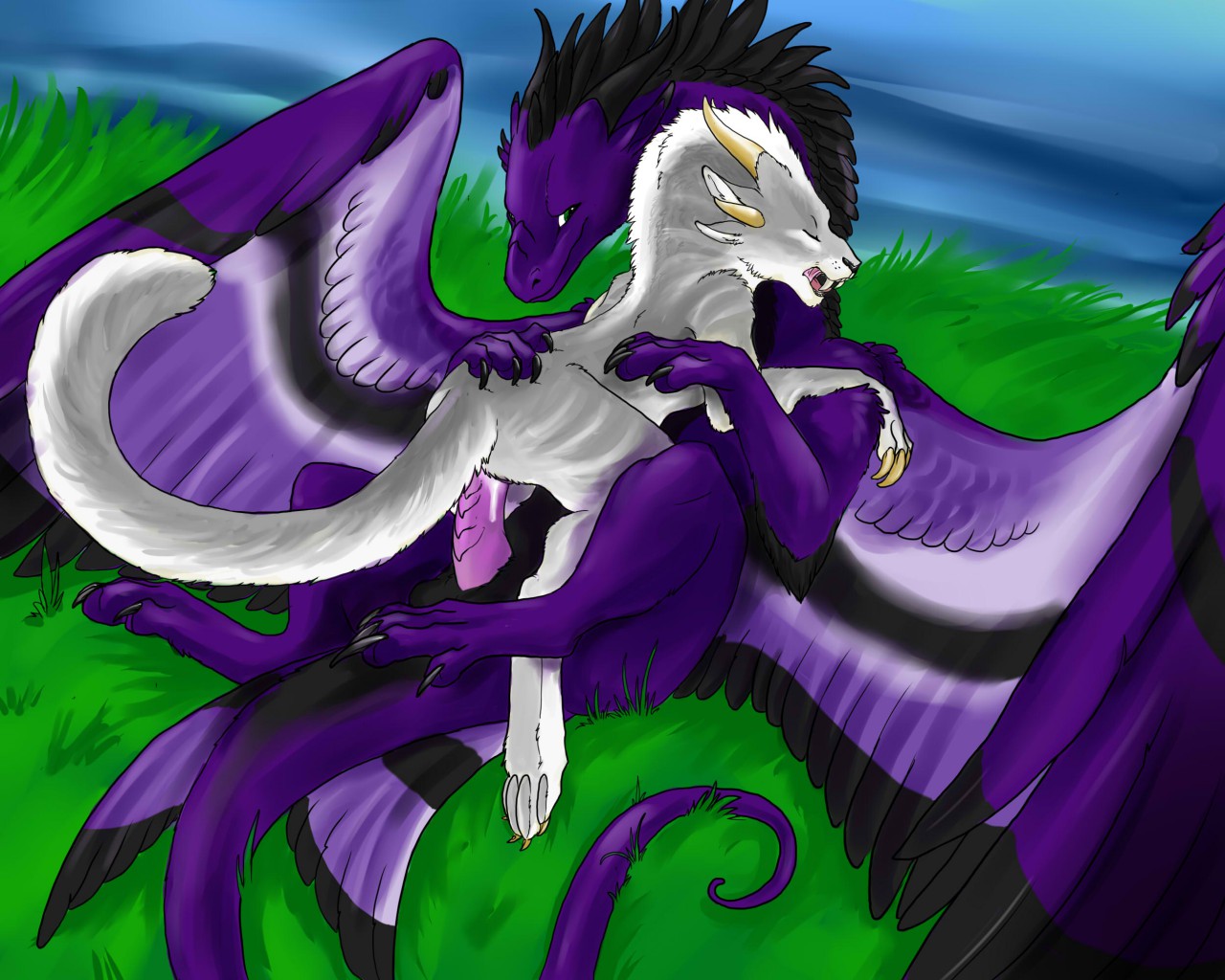 gryph000, charr, guild wars, animal genitalia, animal penis, dragon, duo, feline, feral, horn, male, mammal, penis, ridged penis, sex, video games, wings, 