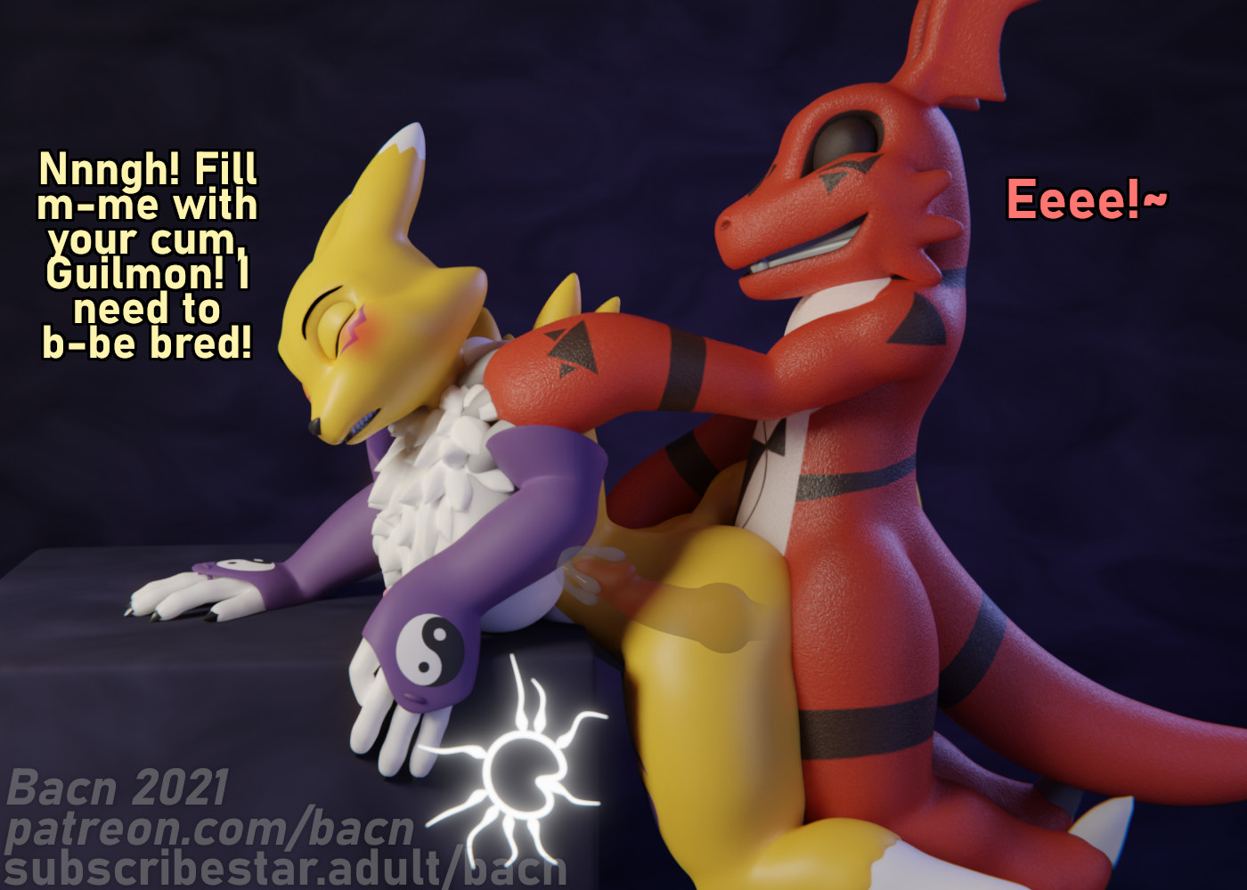 bacn, digimon (species), guilmon, renamon, bandai namco, digimon, 3d (artwork), digital media (artwork), english text, simple background, text, url, 2021, anthro, big breasts, blush, bodily fluids, breasts, canid, canine, claws, clothed, clothing, cum, cum in pussy, cum inside, dialogue, duo, erection, female, fox, from behind position, fur, genital fluids, genitals, impregnation, impregnation request, internal, knot, knotting, male, male/female, male penetrating, mammal, markings, nude, open mouth, ovum, partially clothed, penetration, penile, penis, scalie, sex, smile, sperm cell, vaginal penetration, white body, white fur, yellow body, 