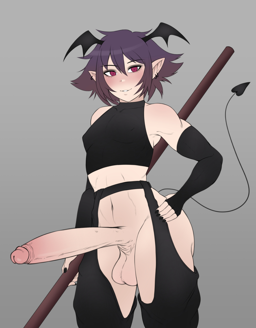 tagme, 1boy, balls, belly, belly button, big penis, black nails, blush, blushing, cock, crimson eyes, demon, demon humanoid, demon tail, dick, dokima, ear piercing, earrings, elf ears, femboy, feminine male, fit, holding object, holding weapon, huge cock, hung, hung trap, large penis, long ears, long penis, male, male only, painted nails, penis, piercing, piercings, red eyes, revealing clothes, sharp ears, slutty outfit, staff, succubi, succubus, succubus (male), succubus horns, succubus tail, tail, thin, trap, tummy, twink, wings on head, 