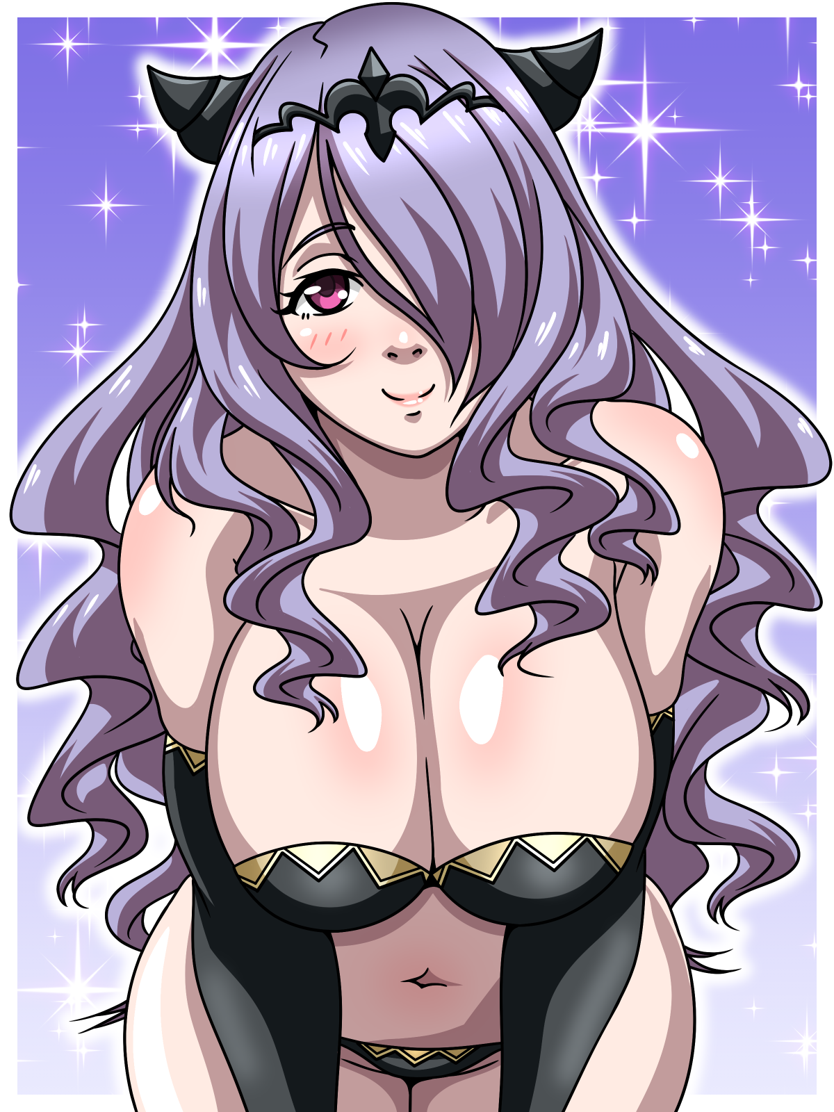 camilla (fire emblem), fire emblem, fire emblem fates, nintendo, 1girls, bare shoulders, bare thighs, black panties, bra, cleavage, elbow gloves, female, female only, gloves, hair over one eye, horns, inabakun00, leaning forward, long hair, looking at viewer, panties, pink eyes, purple hair, smile, solo, sparkles, thighs, underwear, very long hair, 