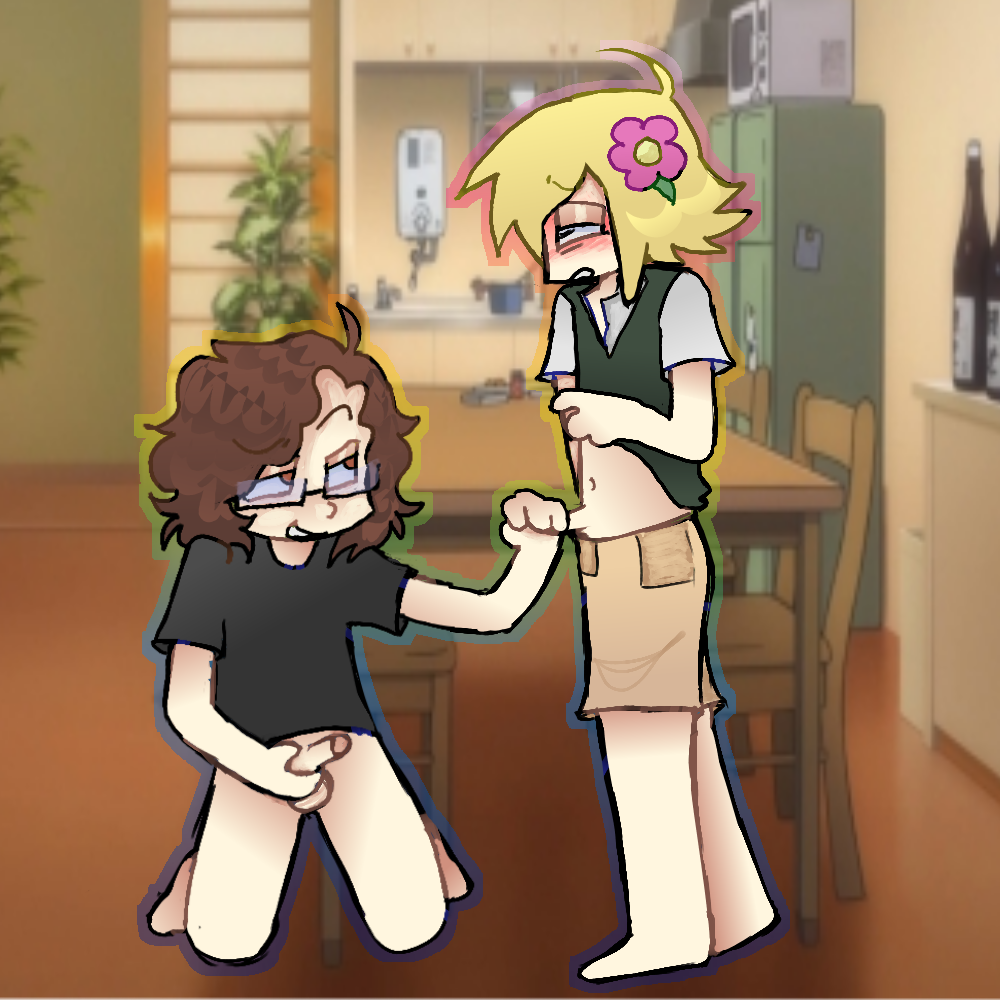 basil_(omori) blonde_hair bottomless boy_on_boy brown_hair femboy gay gay_sex handjob male masturbation mightymoose moose6778 nerd nerdy_male no_socks omori pulling_down_pants twink