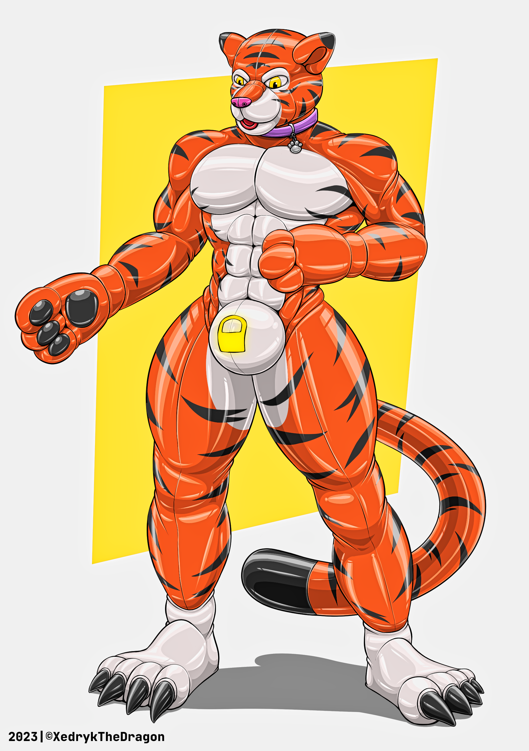 absurd res, hi res, anthro, bound, bulge, clothing, collar, encasement, fel...