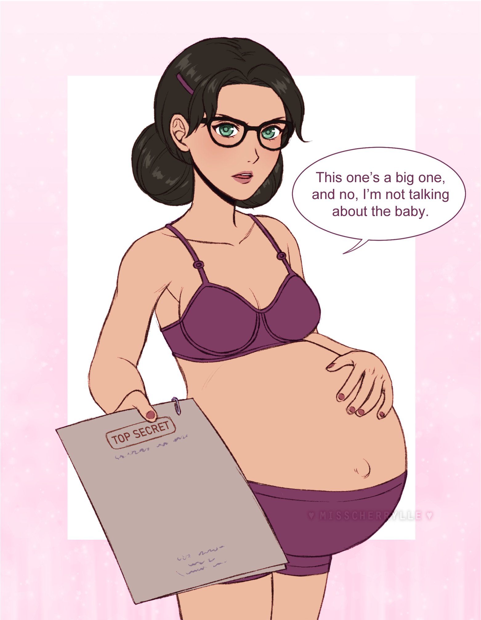 <b>miss</b> pauling, team fortress 2, text, 1girls, <b>belly</b>, big <b>belly</b>, <b>black</b> hair, ...