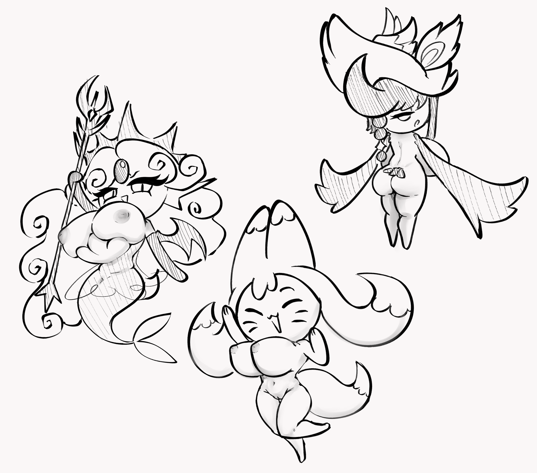 3girls ass big_breasts black_pearl_cookie bouncing_breasts breasts chibi cleft_of_venus closed_eyes cookie_run cookie_run_kingdom cookie_run_ovenbreak crowberry_cookie female female_only fox_girl hair inverted_nipples jumping kumiho_cookie large_breasts line_art looking_at_viewer monochrome multiple_females multiple_girls naked naked_female nipples perky_breasts pussy shortstack smile staff subtle_pussy