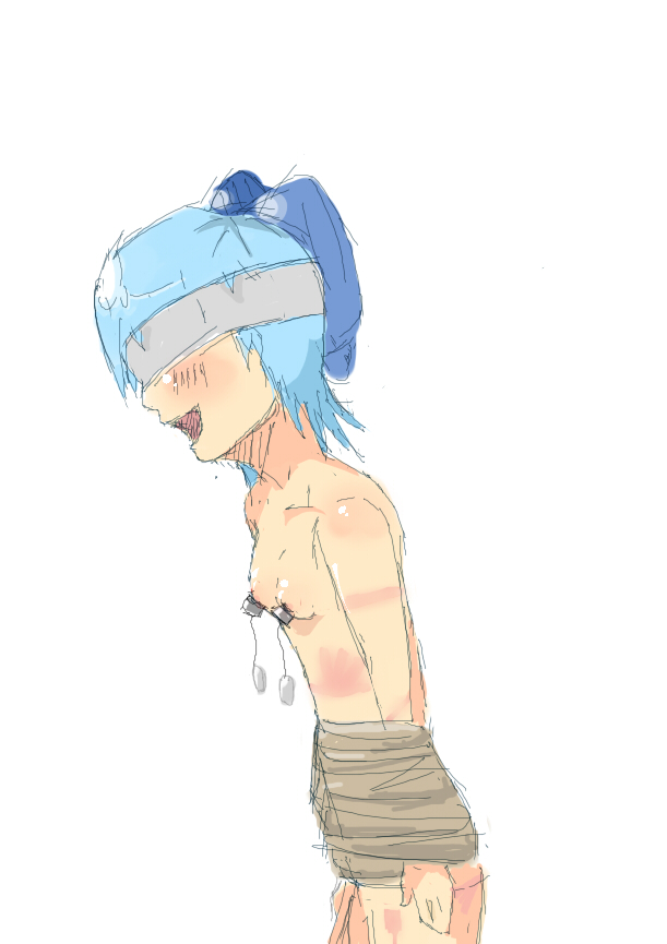 cirno, touhou, blindfold, blue hair, blush, bondage, bow, pomeraniango, rope, rope bondage, small breasts, vibrator, vibrator on nipple, 
