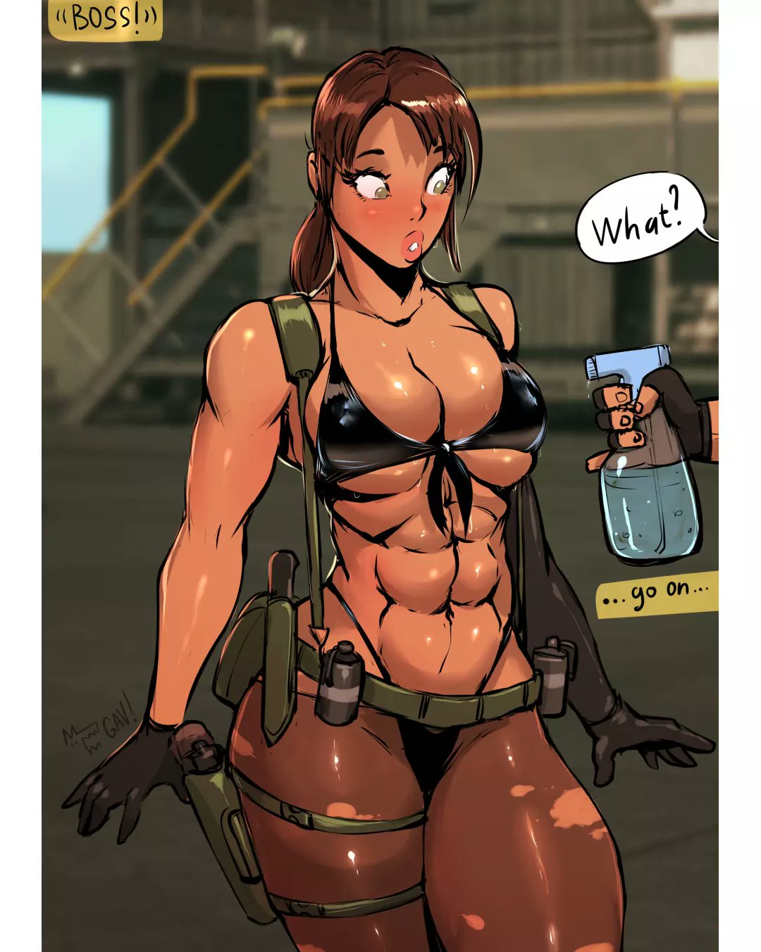quiet (metal gear), metal gear solid, english text, hi res, high resolution, speech bubble, 1female, 1girls, 2023, aleksandrgav, black hair, curvaceous, curvy, curvy body, curvy female, curvy figure, fit female, milf, muscular female, ponytail, 