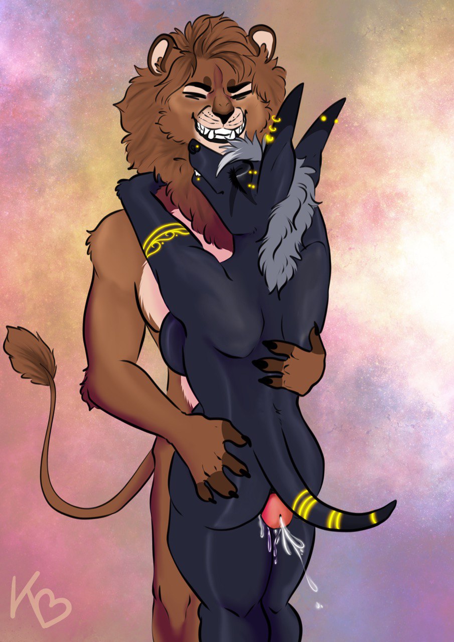 anubis, egyptian mythology, middle eastern mythology, mythology, hi res, anthro, ass, canid, canine, canis, deity, duo, ejaculation, felid, female, genitals, jackal, kwakapaint, lion, male, male/female, mammal, pantherine, penis, sex, smile, standing, 