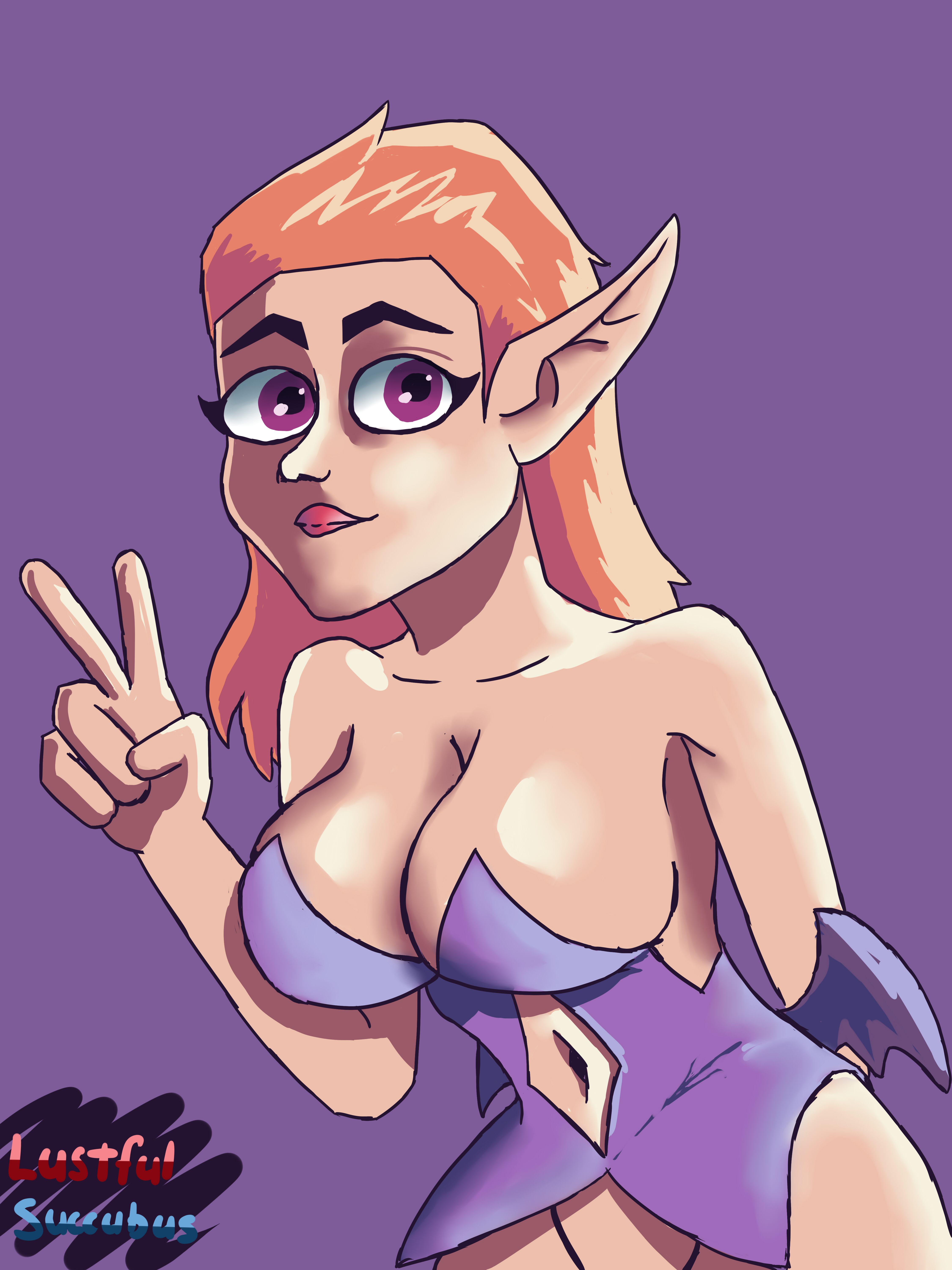 lustful succubus, jezebel, artist signature, artist name, peace sign, purple eyes, red hair, succubus, 