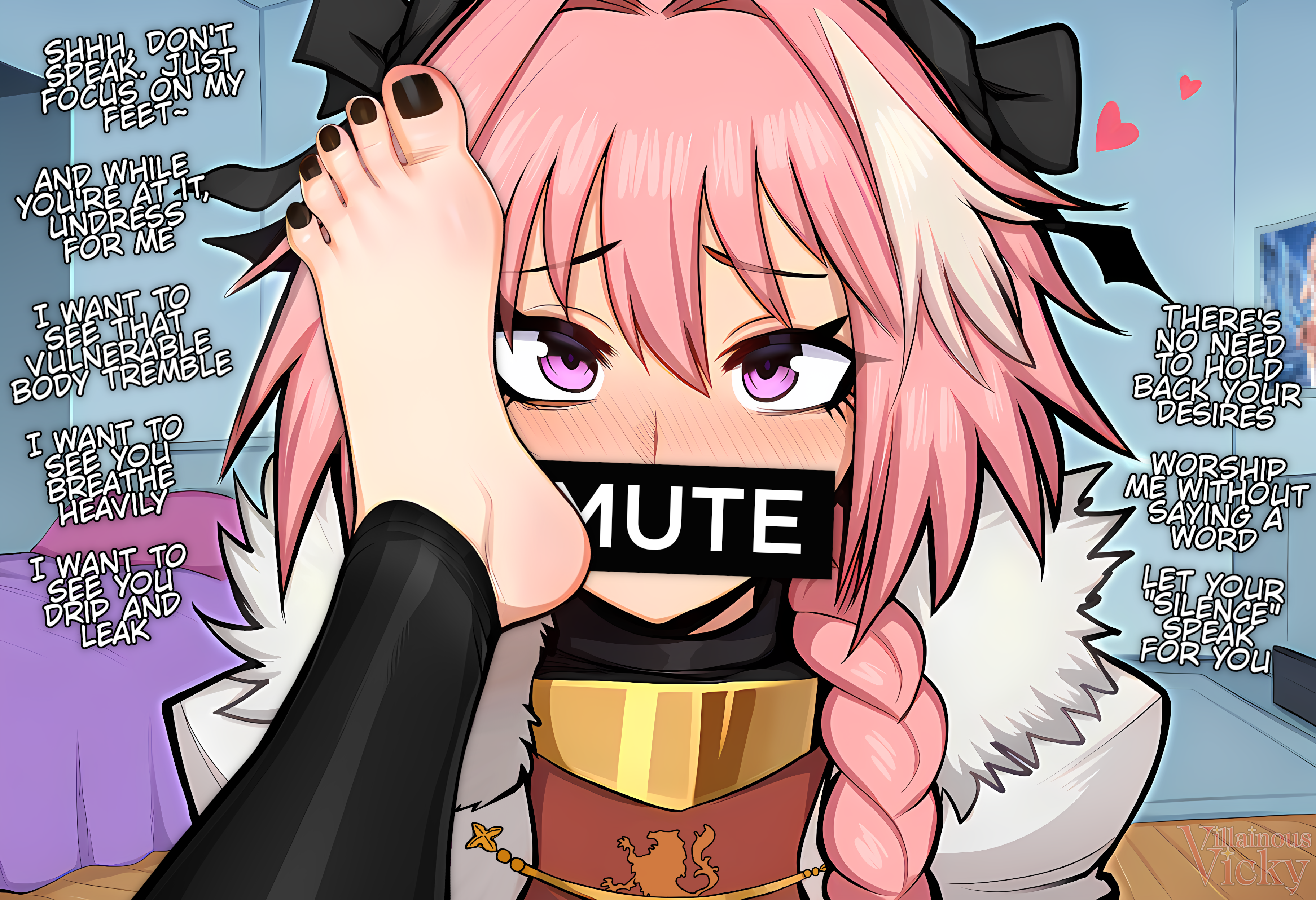 1boy1girl 1femboy1girl 2025 2d absurdres ai_assisted ai_generated artist_self-insert astolfo_(fate) bed bedroom black_clothing black_nail_polish black_nails blush blushing_at_viewer blushing_male bow caption clothed demon demon_girl demoness duo english_text eyebrows eyebrows_visible_through_hair feet female femboy femboy_focus femdom feminine feminine_male findom foot_fetish foot_focus front_view fully_clothed hair_between_eyes hair_intakes hairbow heart_symbol hi_res highres human light-skinned_male light_skin looking_at_viewer looking_pleasured male male/female male_focus malesub nail_polish otoko_no_ko pale_skin pink_eyes pink_hair pink_skirt pov purple_eyes self_upload sex straight streaked_hair succubus text toenail_polish toenails toes trap villainousvicky villainousvicky_(artist) watermark white_hair