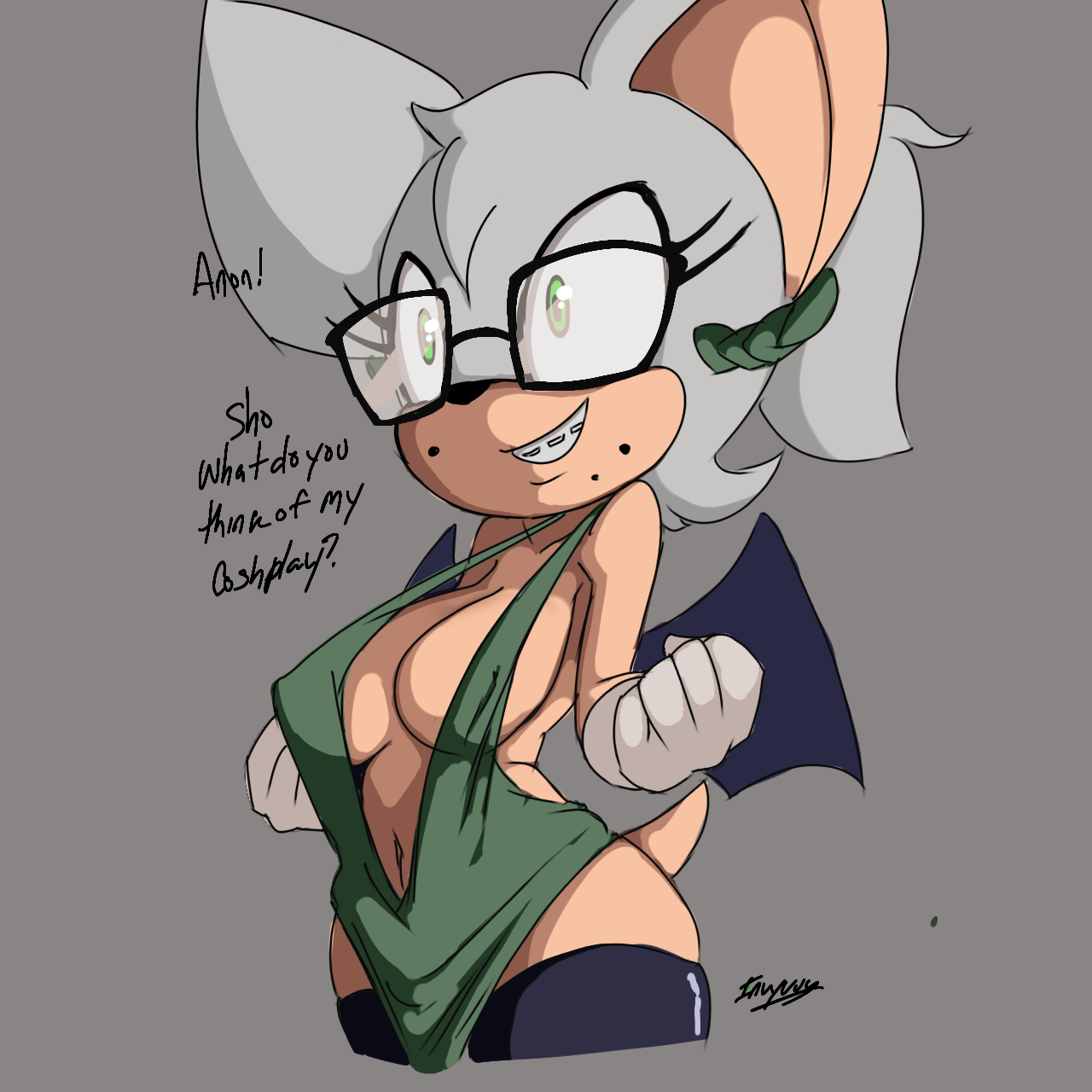 1girls anthro bat bat_wings braces chiropteran cosplay female glasses green_eyes grey_background inuyuru mobian_(species) nerd nerdy_female rouge_the_bat smile sonic_(series) sonic_the_hedgehog_(series) tagme white_hair wings