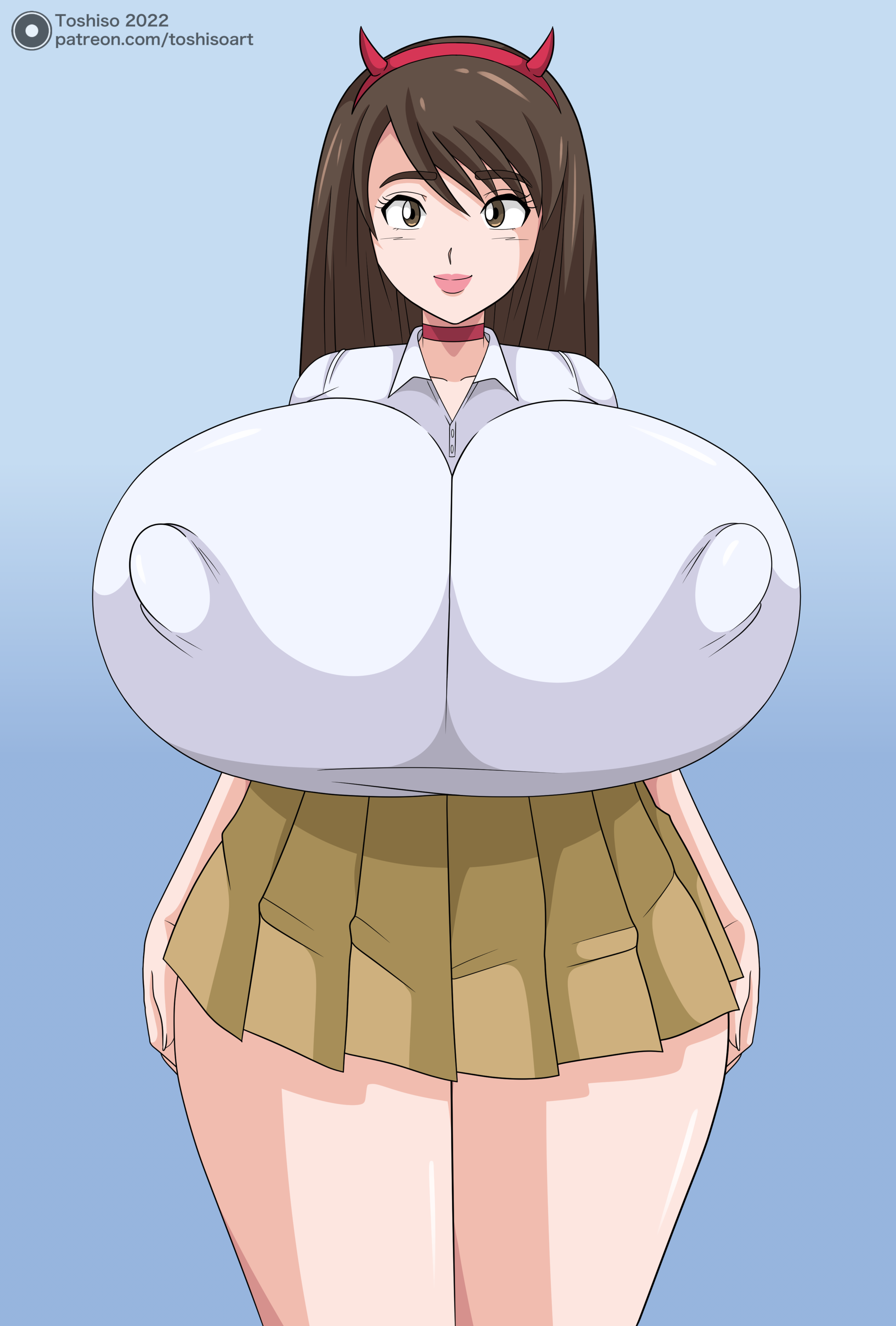 toshiso, arely (toshiso), devil horns, gigantic breasts, huge breasts, scho...
