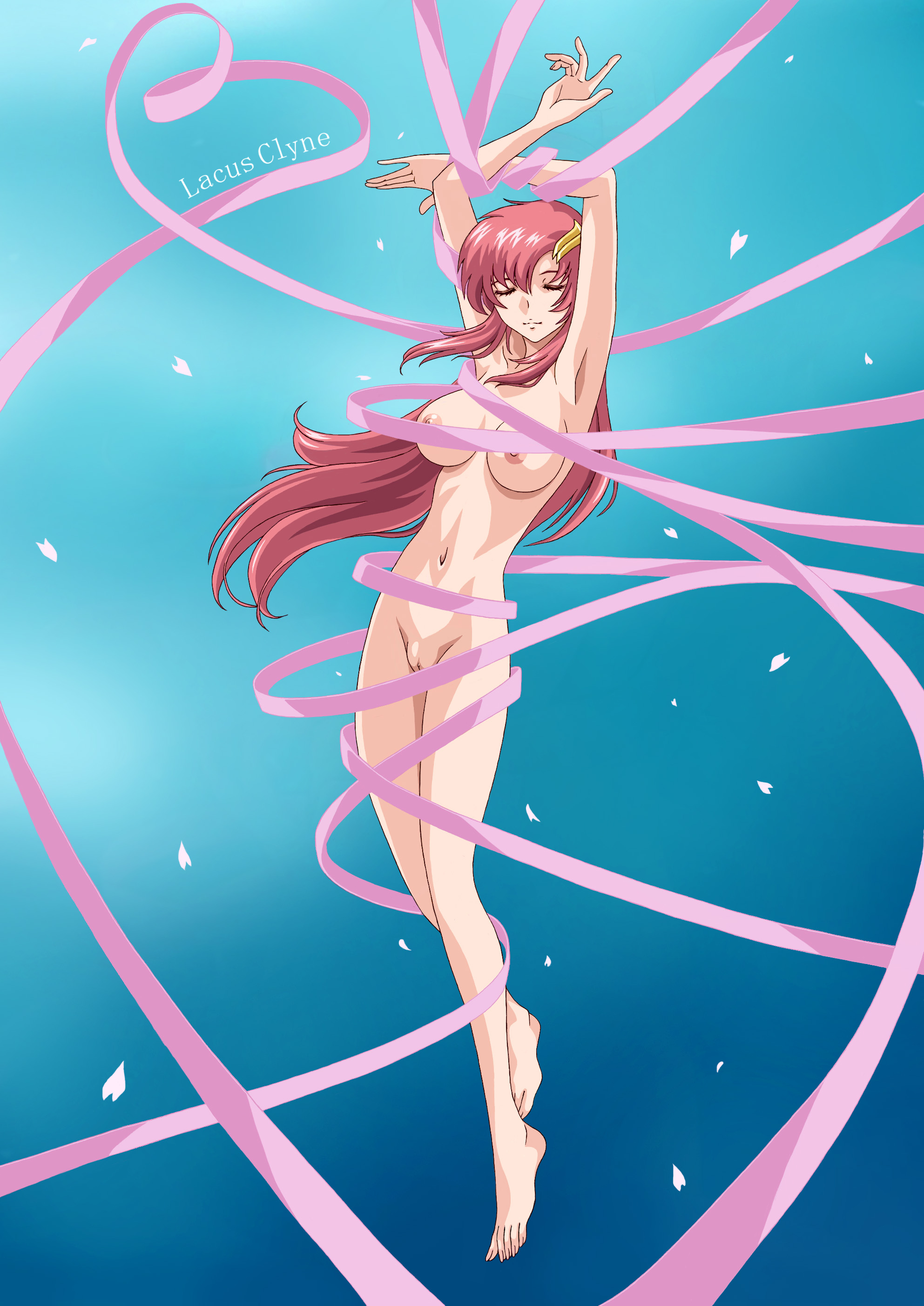 lacus clyne, gundam, gundam seed, gundam seed destiny, absurdres, blue background, highres, armpits, arms up, asymmetrical bangs, bangs, barefoot, breasts, character name, closed eyes, closed mouth, expressionless, feet, female, floating hair, full body, gradient, gradient background, hair between eyes, hair ornament, long hair, medium breasts, navel, nipples, nude, petals, pink ribbon, pussy, red hair, ribbon, sidelocks, smile, solo, uncensored, 