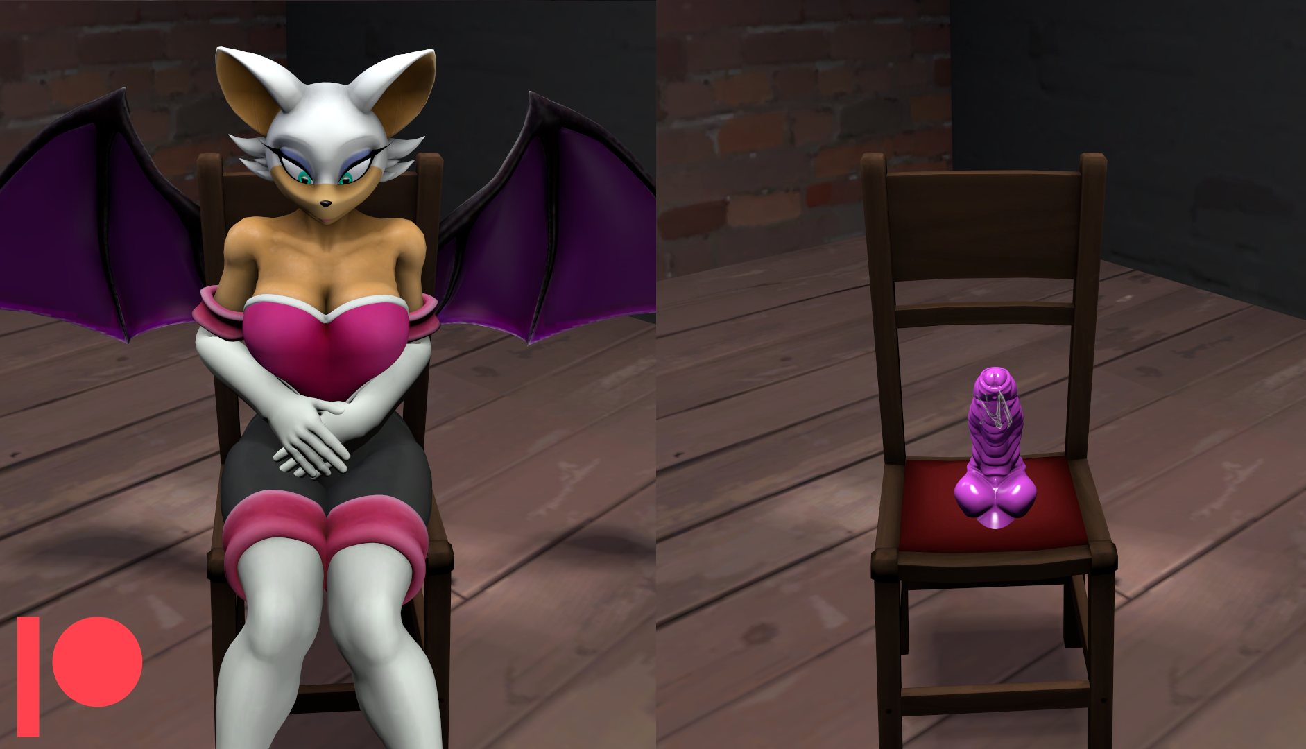 rouge the bat, sega, sonic the hedgehog (series), hi res, boots, chair, chiropteran, clothing, dildo, dildo sitting, female, footwear, furniture, gloves, handwear, mammal, penetration, sex toy, silverlion27, solo, stomach bulge, wings, 