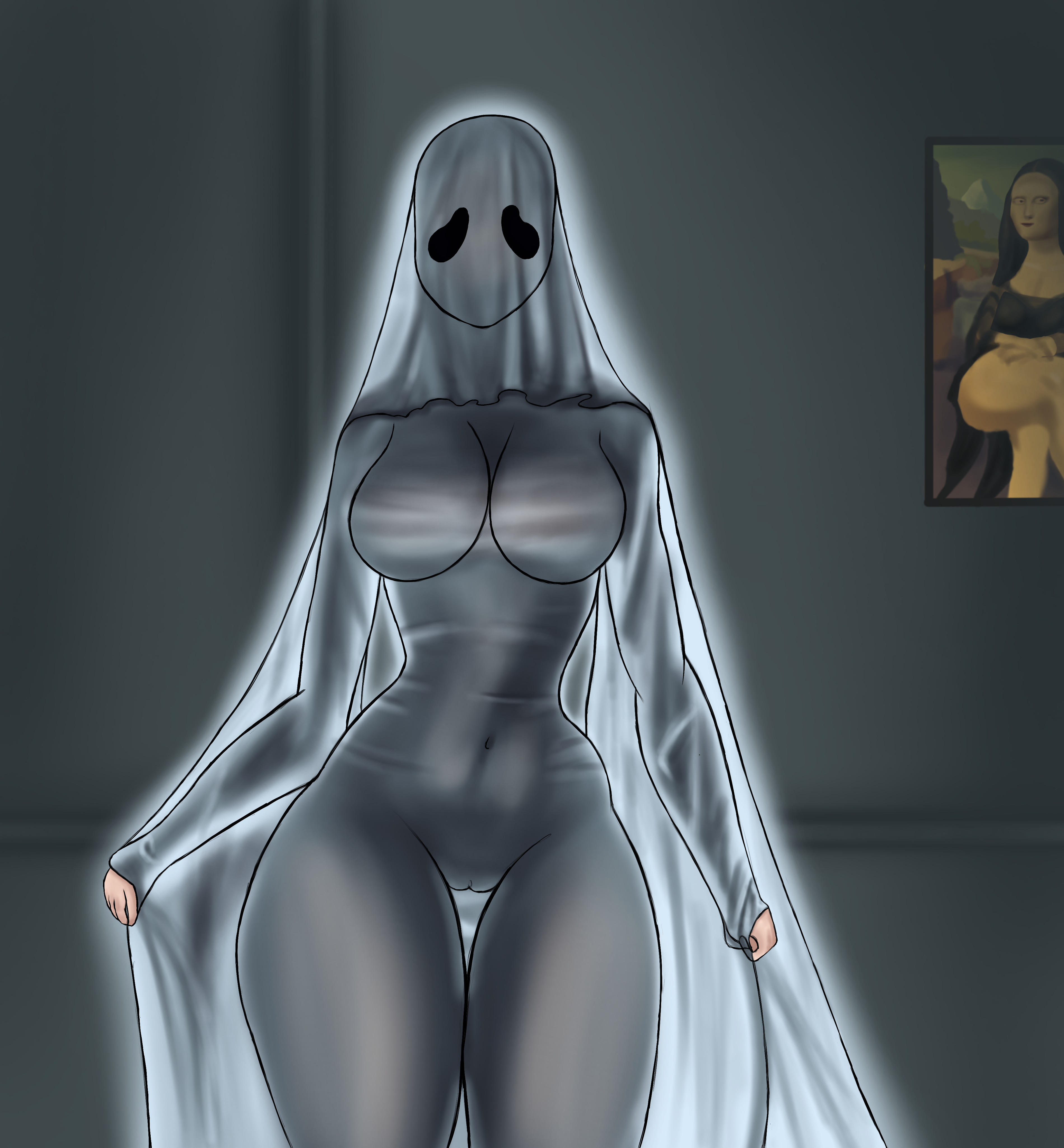 mona lisa, 1female, 1girls, female, female focus, female only, ghost, ghost girl, huge ass, huge breasts, huge thighs, monster, monster girl, sablec4t, 