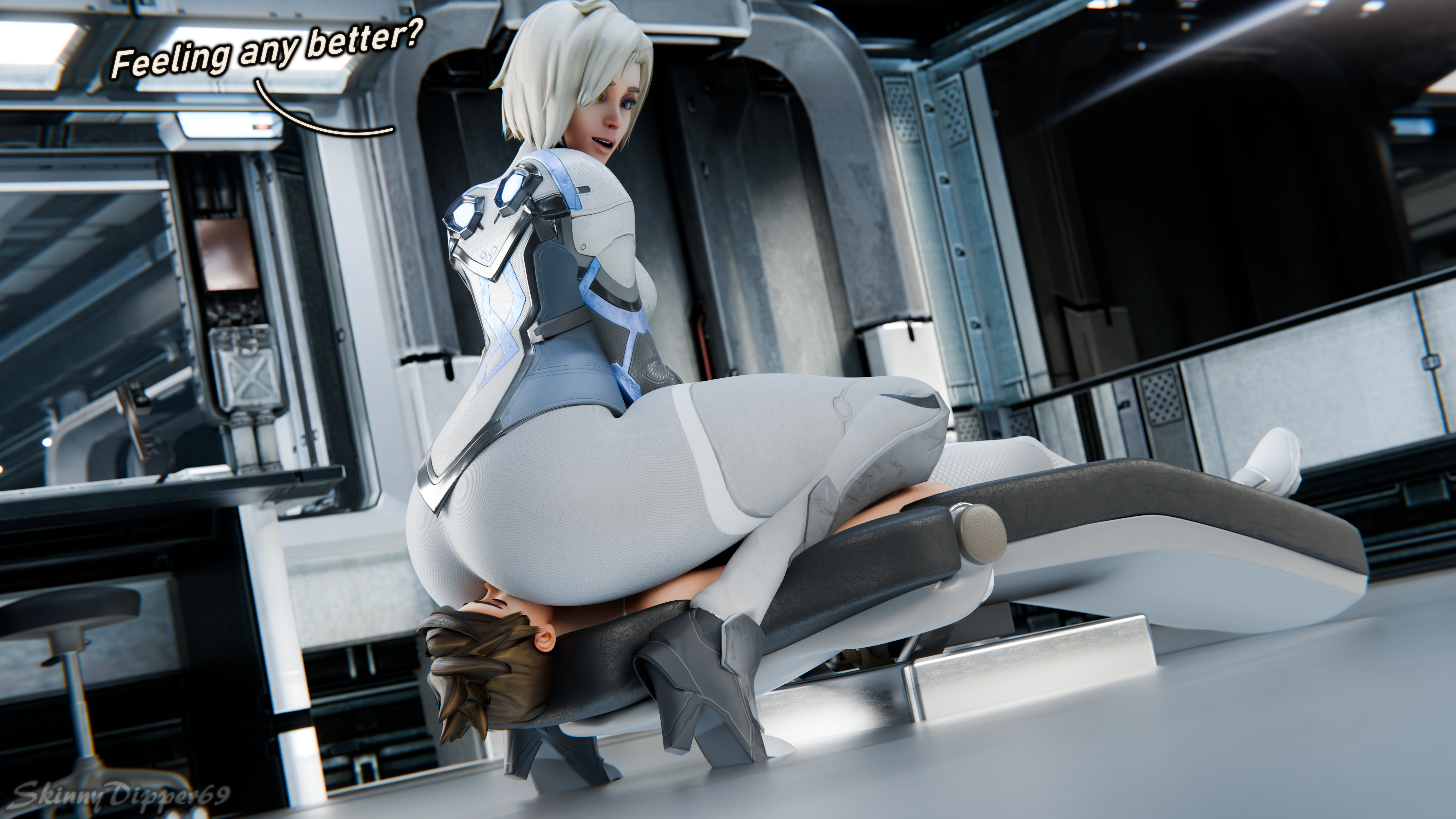 2girls ass ass_in_face ass_on_face blonde_hair bodysuit brown_hair facesitting looking_down mercy overwatch short_hair sideboob skinnydipper69 suffocation text thick_ass thick_legs thick_thighs tracer wide_ass wide_hips yuri