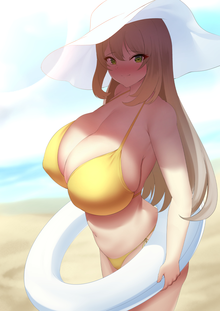 dearonnus, 1girls, 2022, beach, big breasts, bikini, blonde hair, blue archive, breasts, cleavage, clothed, female, female only, floatie, gold bikini, green eyes, hat, huge breasts, large hat, long hair, looking at viewer, naughty face, nonomi (blue archive), outdoors, smile, sun hat, 