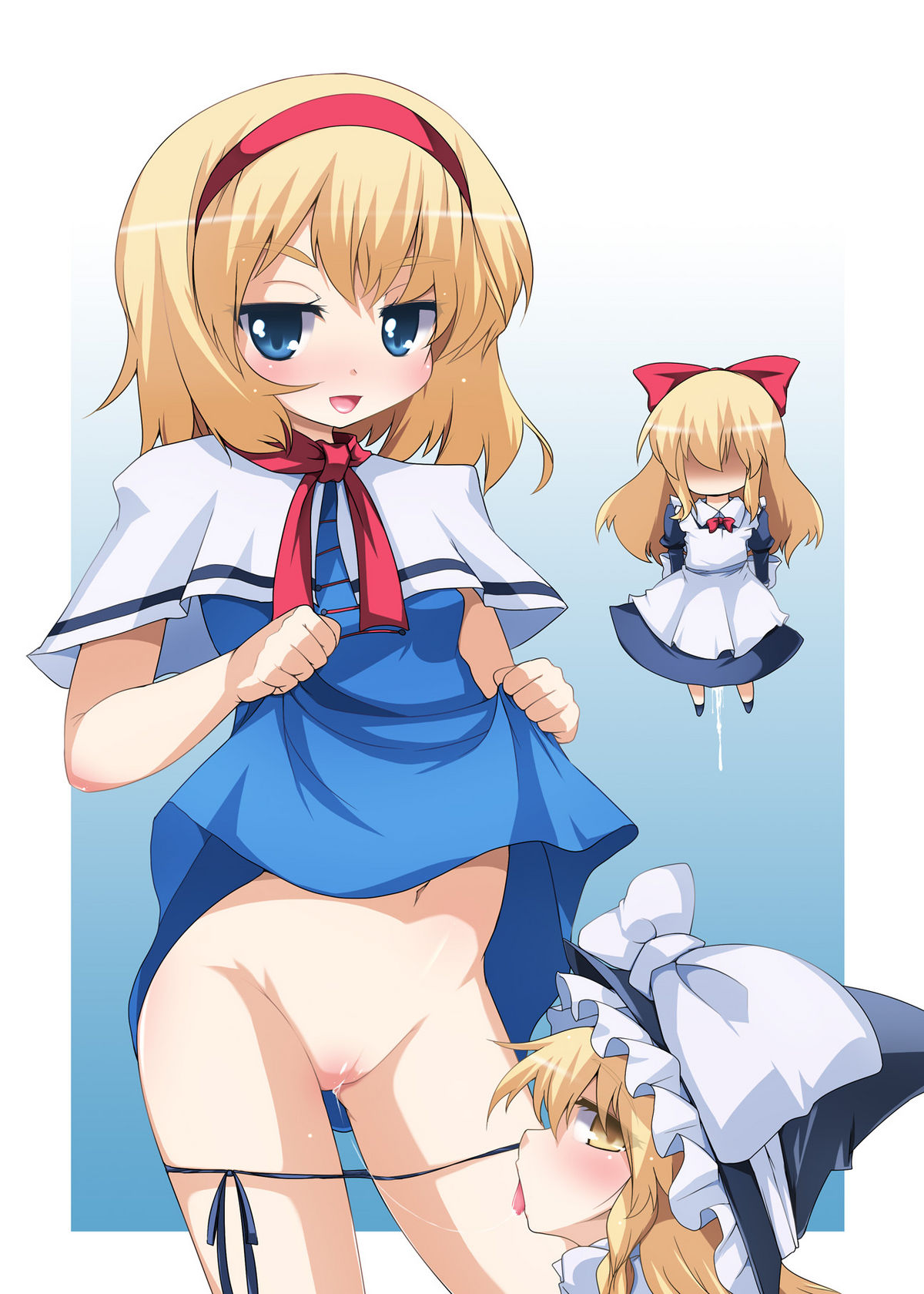raiden (artist), marisa kirisame, shanghai, shanghai doll, touhou, highres, blush, cunnilingus, female, human, oral, panties, panty pull, pussy, pussy juice, ribbon, saliva, saliva trail, short hair, side-tie panties, skirt, skirt lift, tongue, tongue out, underwear, yuri, 
