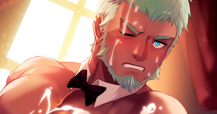 valentine, original, cropped, 1boy, bara, beard, blue eyes, blush, cum, cum on body, cum on boy, cum on pectorals, dark-skinned male, dark skin, facial, facial hair, frown, green hair, implied sex, implied yaoi, large pectorals, looking at viewer, male focus, mature male, muscular, muscular male, one eye closed, paid reward available, pectorals, red curtains, short hair, solo, sunlight, thick eyebrows, waku (ayamix), 