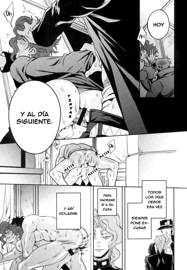 jotaro kujo, noriaki kakyoin, stardust crusaders, spanish text, 2boys, amarans, anal, clothed sex, gay, male, male/male, male only, male penetrated, male penetrating, male penetrating male, nude male, yaoi, 