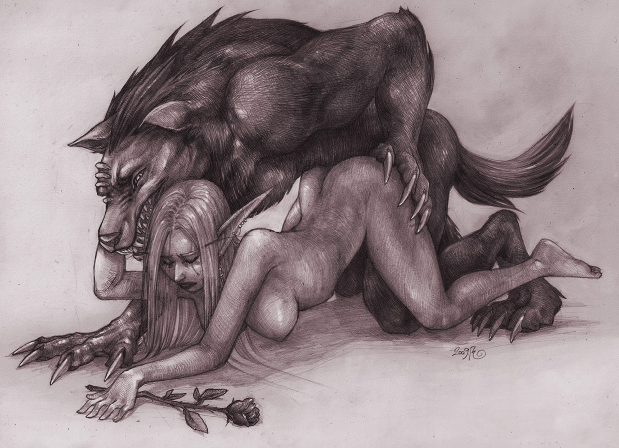 harag, night elf, worgen, warcraft, monochrome, sketch, 1boy, 1girls, ass, ass up, breasts, claws, closed eyes, doggy style, fangs, flower, fur, huge breasts, interspecies, long hair, nipples, nude, piercing, pointy ears, rose, sex, werewolf, 