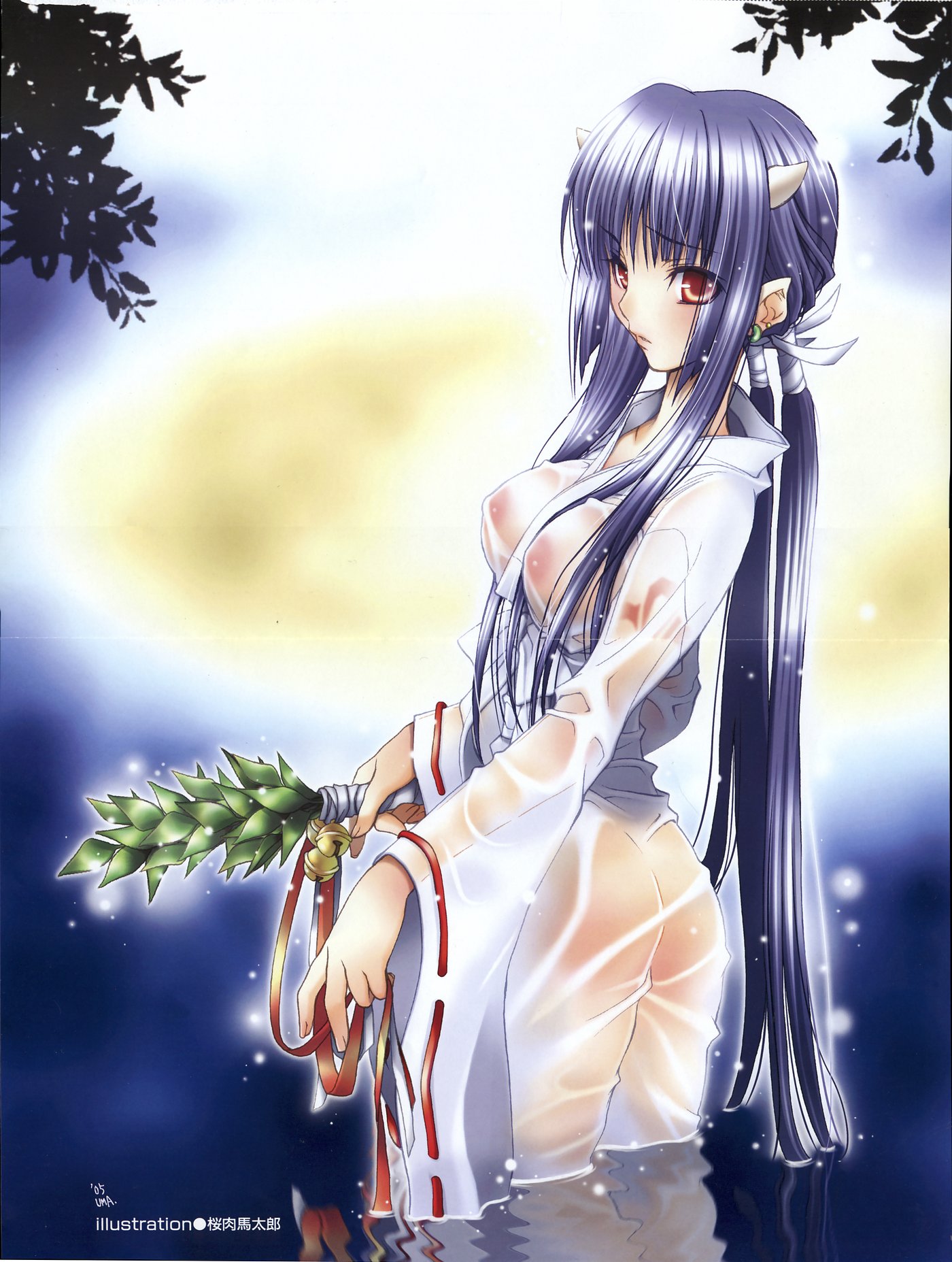 tagme, bells, blue hair, horns, miko, oppai, pointy ears, red hair, water, wet clothes, 