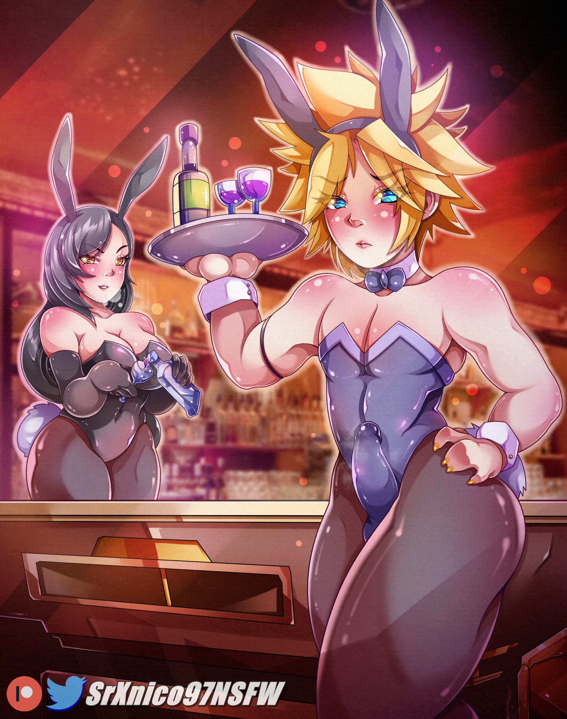 cloud strife, tifa lockhart, final fantasy, final fantasy vii, commission, 1boy, alcohol, alternate costume, bar, black hair, blonde hair, blue eyes, blush, bottle, bowtie, bowtie collar, breasts, brown eyes, bulge, bulge through clothing, bunny boy, bunny costume, bunny ears, bunny girl, bunny tail, bunnysuit, cleavage, cloud, club, crossdressing, crossdressing male, cute boy, erect penis, erection, female, femboy, feminine male, feminization, girly, glasses, gloves, holding object, long hair, looking at viewer, male, nail polish, nightclub, otoko no ko, otokonoko, pantyhose, pecs, pectorals, penis under clothes, plate, short hair, sissification, sissy, smile, srxnico97, through clothes, trap, tsundere, upset, 
