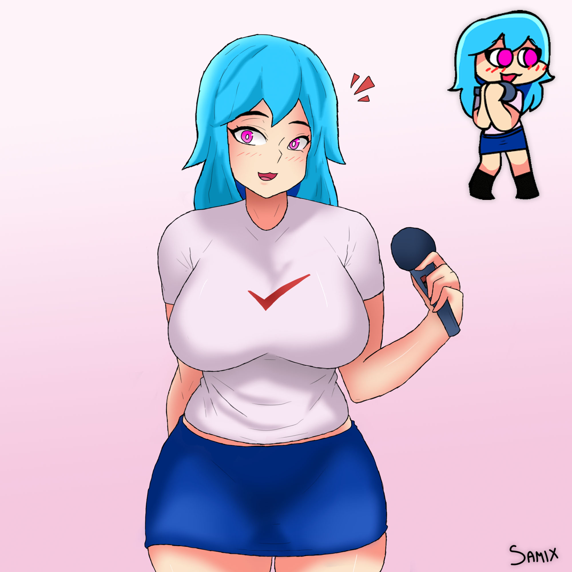 blue hair, breasts, friday night funkin, pink eyes, sexy pose, skyblue.
