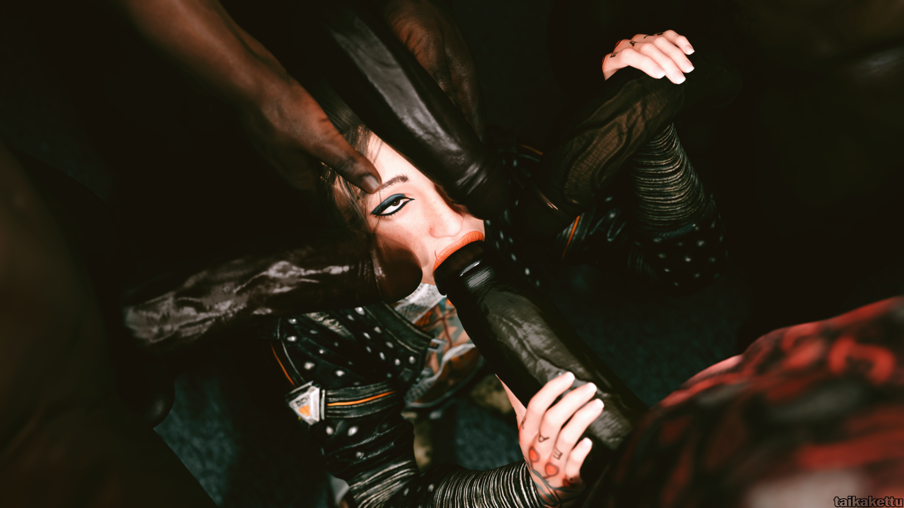 1girls 3d 4boys big_penis blowjob clothed clothed_female dark-skinned_male dark_hair dark_skin eyeliner female grabbing grabbing_face hand_on_penis indoors interracial interracial_sex jack_(mass_effect) large_penis light-skinned_female light_skin looking_at_another male mass_effect multiple_boys multiple_penises muscular muscular_male on_knees oral oral_sex penis penis_in_mouth penis_resting_on_face pubic_hair taikakettu tattoo tattoos twitter_link unseen_male_face veiny veiny_penis