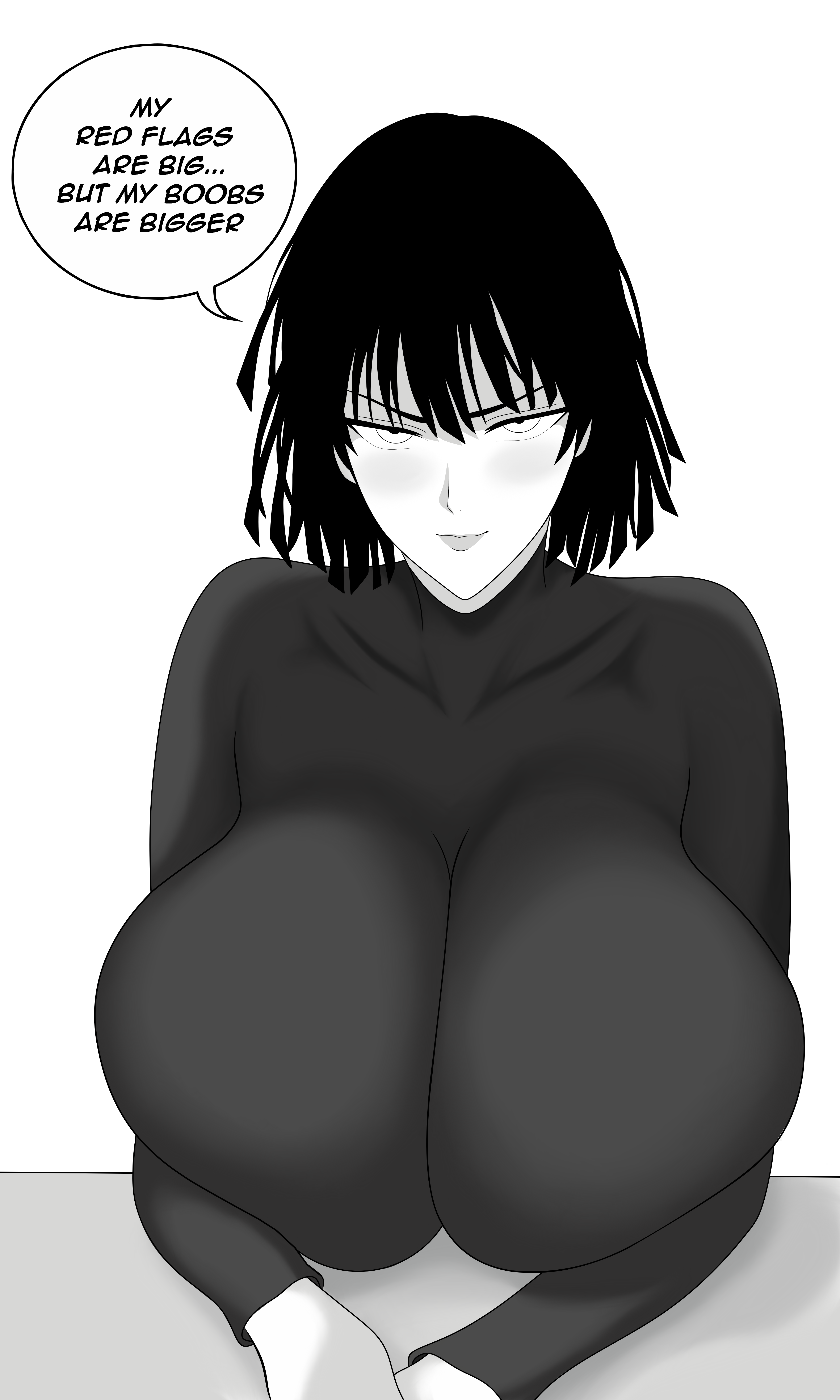big_breasts blush cleavage curvy fubuki_(one-punch_man) gigantic_breasts hanging_breasts huge_breasts large_breasts leaning_forward leroz3 looking_at_viewer monochrome on_table one-punch_man seductive sexy smile soft_breasts table voluptuous
