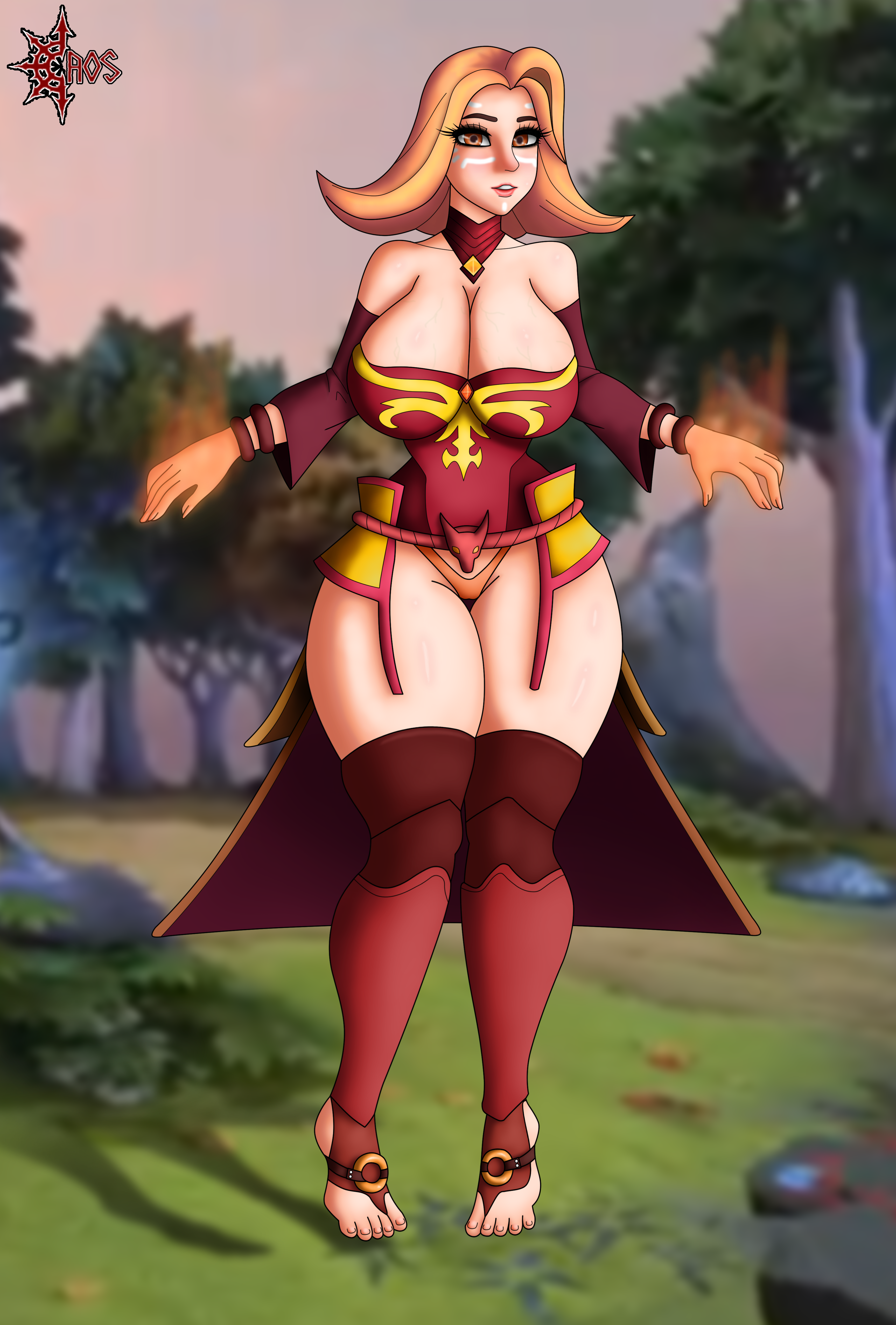 1girl big_boobs big_breasts big_thighs big_waist caosenriqueart dota_2 female ginger girl lina lina_inverse mage magical_girl orange_eyes orange_hair redhead solo