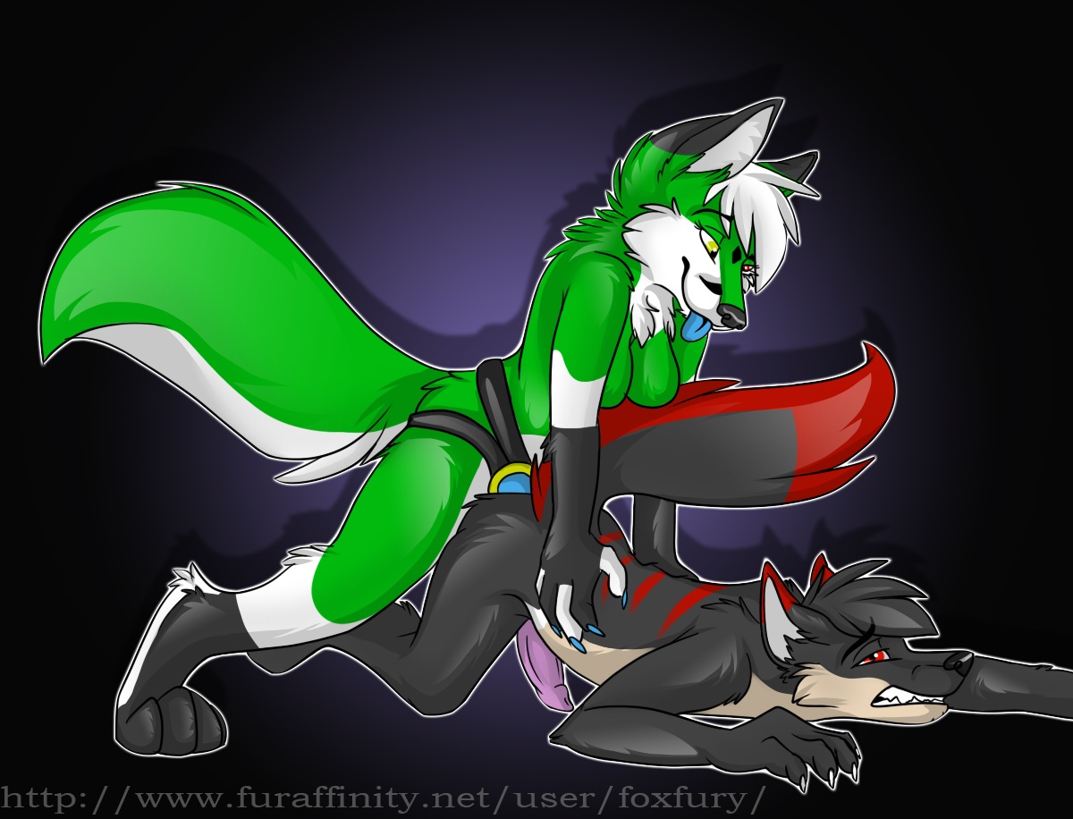foxfury, absinthy, anal, anthro, ass up, black fur, bondage, bound, canine, canine penis, dildo, female, fox, fur, furry, green fur, male, pegging, penis, plain background, red eyes, sex toy, strap-on, tongue, wolf, yellow eyes, 