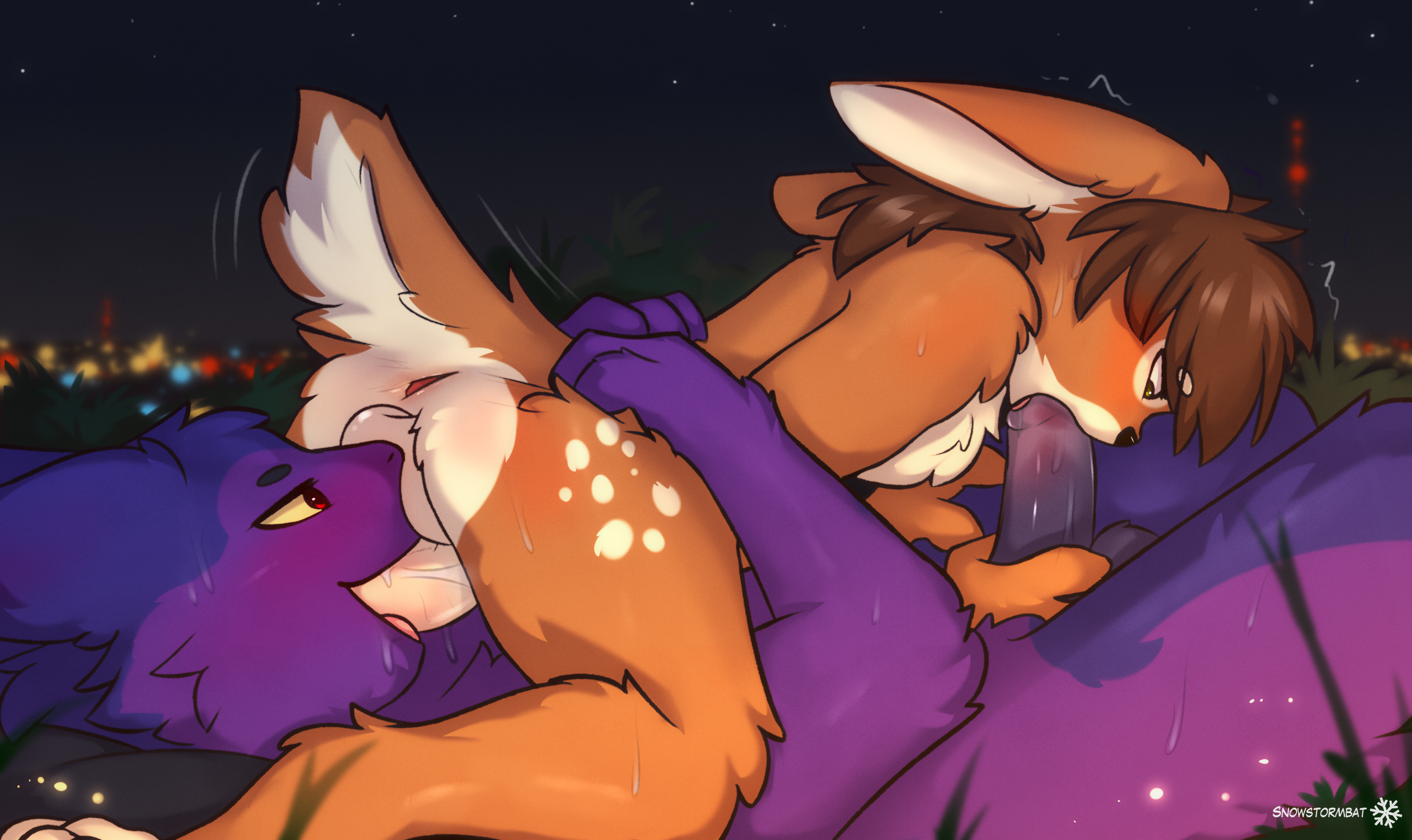 pokemon (species), typhlosion, nintendo, absurd res, hi res, 69 position, anthro, blush, bodily fluids, flip bunny, generation 2 pokemon, genital fluids, genitals, grass, lagomorph, leporid, lying, male, male/male, mammal, on back, oral, penis, plant, pokemon, precum, rabbit, saliva, sex, size difference, snowstormbat, sweat, 