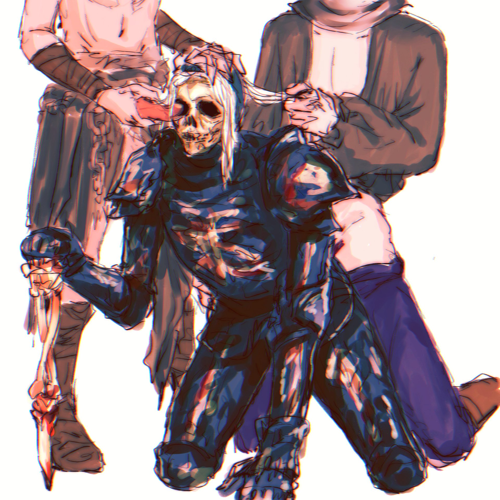 fromsoftware, 2d, 2022, 3boys, doggy style, elden ring, ensha of the royal remains, fellatio, first porn of character, from behind, male, male on male, penis, sex, skeleton, tarnished, 