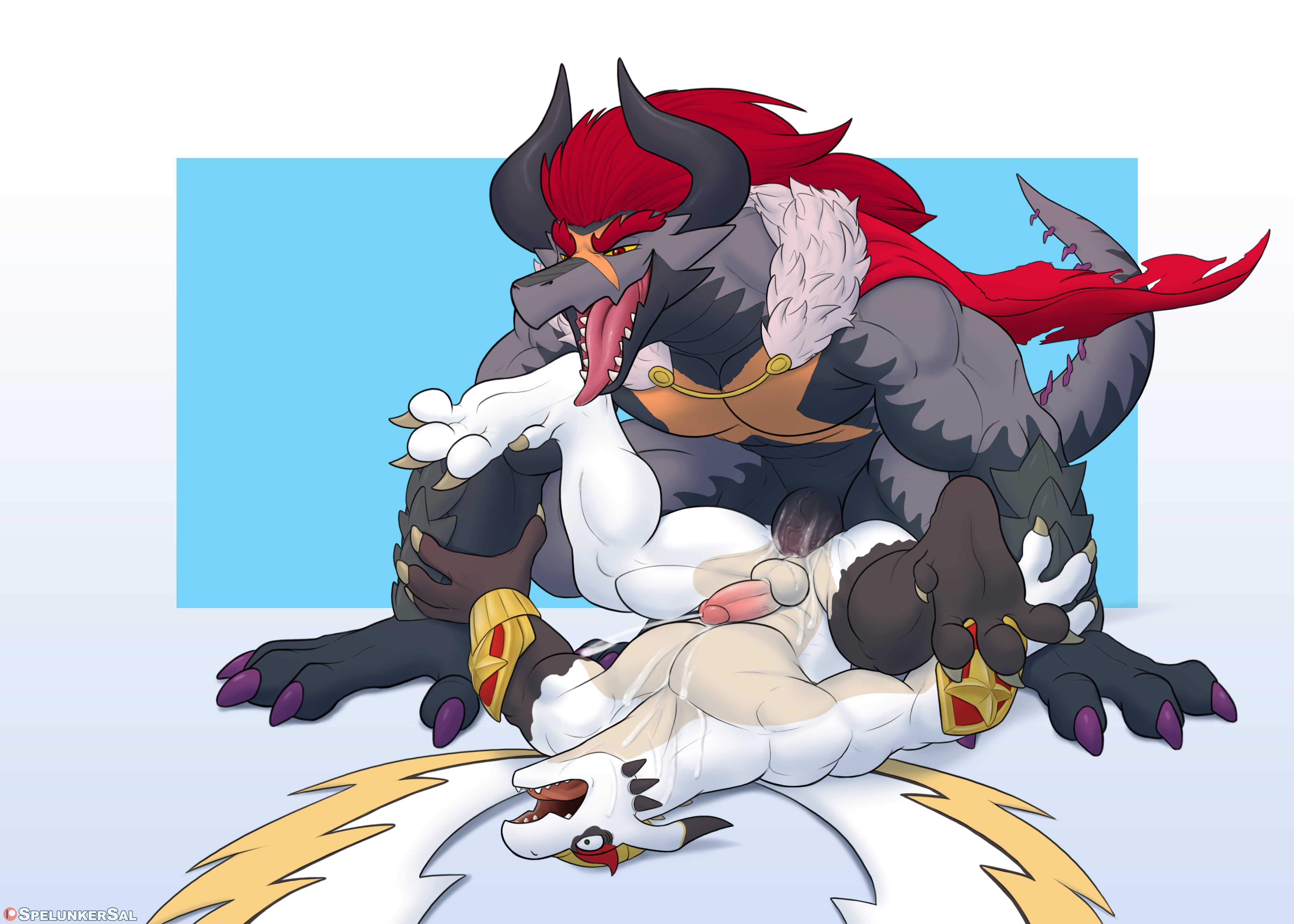 spelunker sal, demon lord dragon batzz, bushiroad, future card buddyfight, mythology, absurd res, hi res, shaded, simple background, text, anal, anal sex, anthro, anthro on anthro, anthro penetrated, anthro penetrating, anthro penetrating anthro, artist name, ass, balls, biped, bodily fluids, claws, cum, cum in ass, cum inside, cum on butt, cum on chest, cum on leg, cum on penis, dragon, duo, ejaculation, erection, feet, finger claws, fingers, genital fluids, genitals, glans, grey body, grey scales, hair, hands-free, humanoid genitalia, humanoid penis, larger anthro, larger male, legs up, long hair, long tail, looking pleasured, male, male/male, male penetrated, male penetrating, male penetrating male, muscular, muscular anthro, muscular male, mythological creature, mythological scalie, non-mammal balls, open mouth, overwhelmed, penetration, penile, penile penetration, penis, penis in ass, pupils, red eyes, red hair, saint holy sword dragon, scales, scalie, sex, size difference, small pupils, smaller anthro, smaller male, spiked tail, spikes, spikes (anatomy), tail, tan body, toe claws, toes, white body, wings, yellow sclera, 