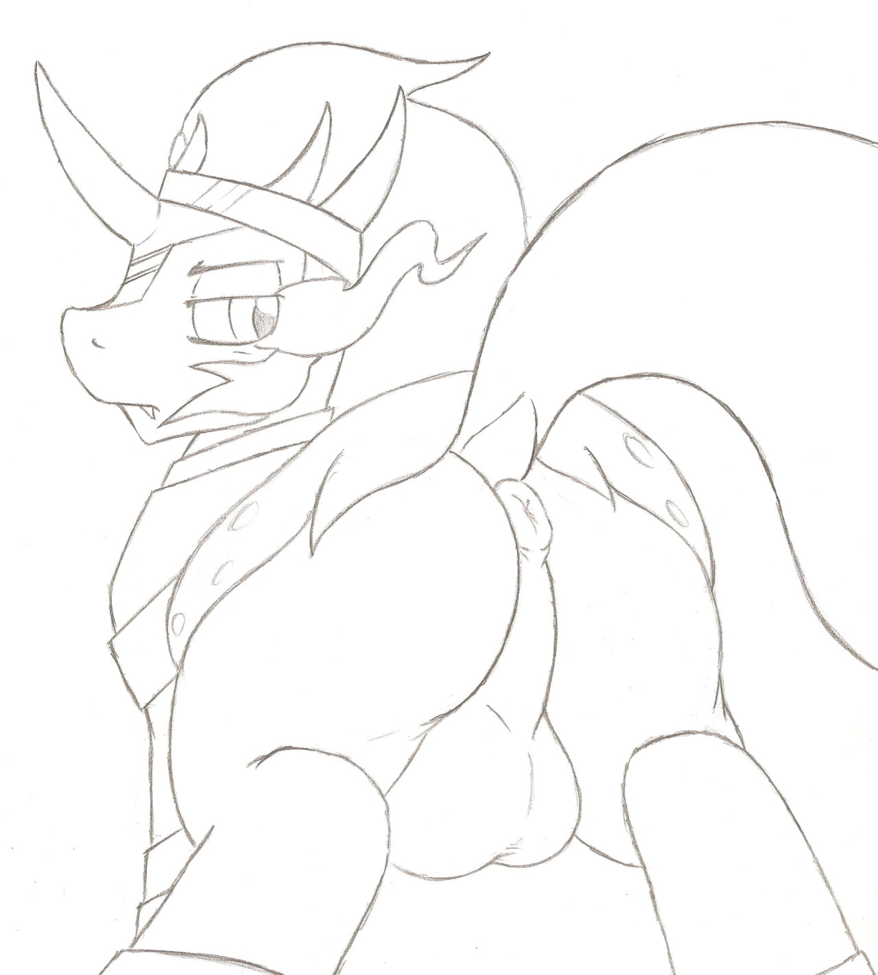 denzeltip, king sombra (mlp), friendship is magic, my little pony, monochrome, anus, balls, big balls, equine, feral, horn, looking back, male, male only, mammal, solo, unicorn, 