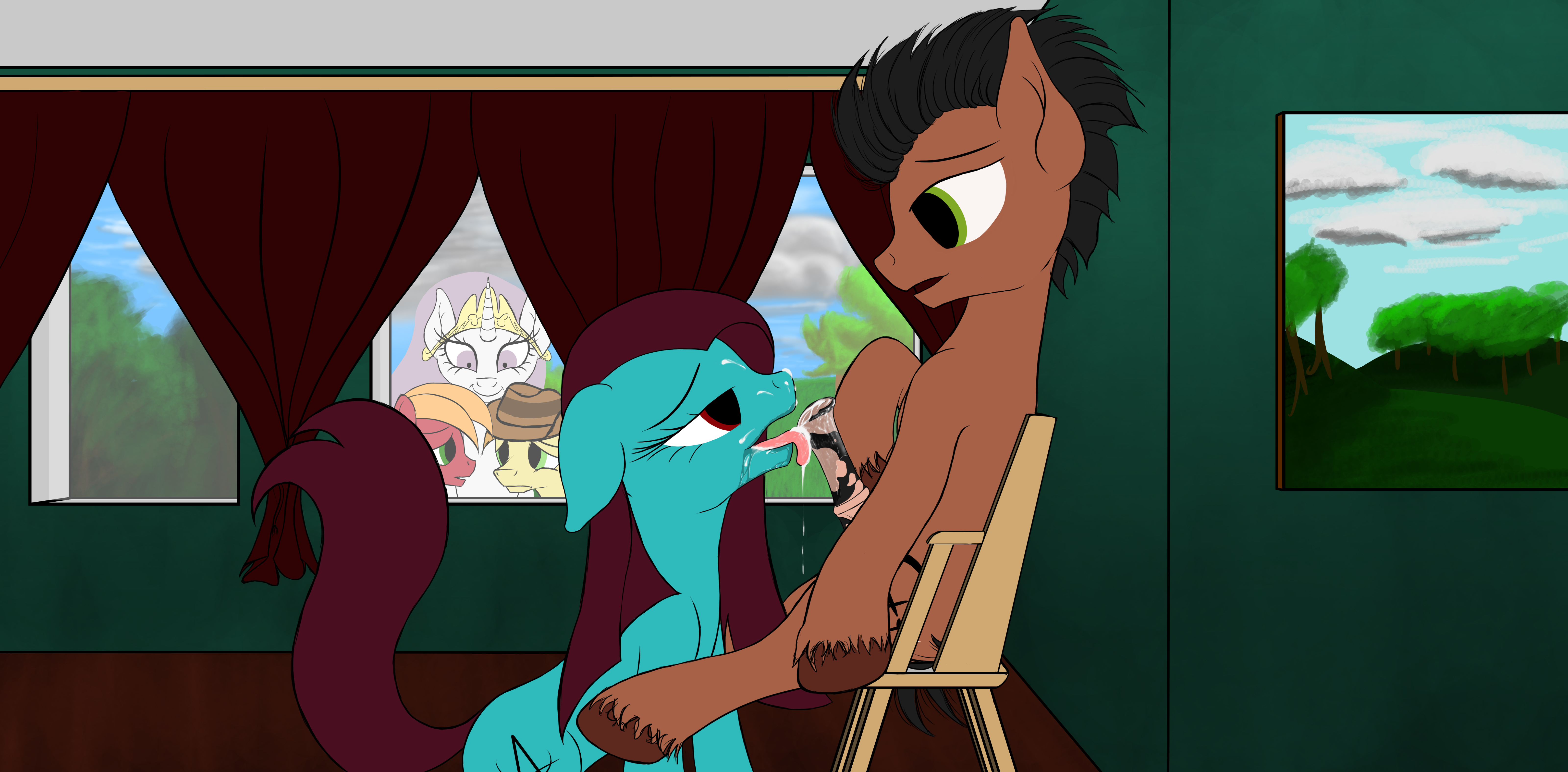 big macintosh (mlp), braeburn (mlp), princess celestia (mlp), friendship is magic, my little pony, absurd res, hi res, animal genitalia, being watched, big penis, black hair, blue fur, brown fur, chair, cum, cum in mouth, cum inside, cum on face, cum on tongue, cumshot, equine, fan character, fellatio, feral, fur, green eyes, hair, hat, horse, horsecock, inside, long hair, long tail, mammal, on lap, oral, orange hair, orgasm, peeping, penis, pony, purple hair, red eyes, red fur, red hair, red tail, saliva, sex, sitting, smile, tongue, tongue out, white sclera, window, 
