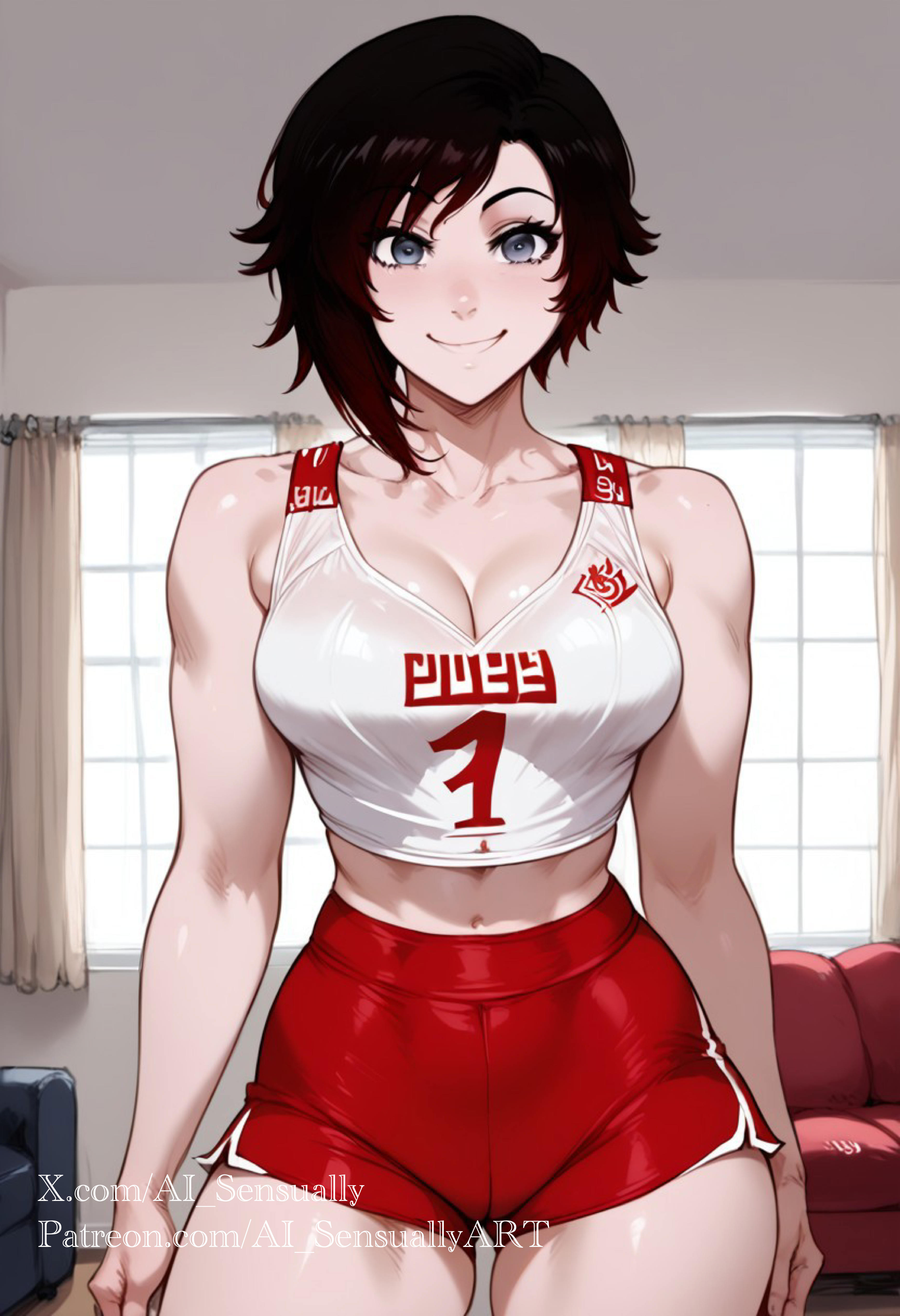 ruby rose, rwby, 2d, 1girls, ai generated, ai sensuality, big breasts, cleavage, gym, gym shirt, gym shorts, gym uniform, jlullaby (style), light-skinned female, slender waist, solo female, solo focus, wide hips, 