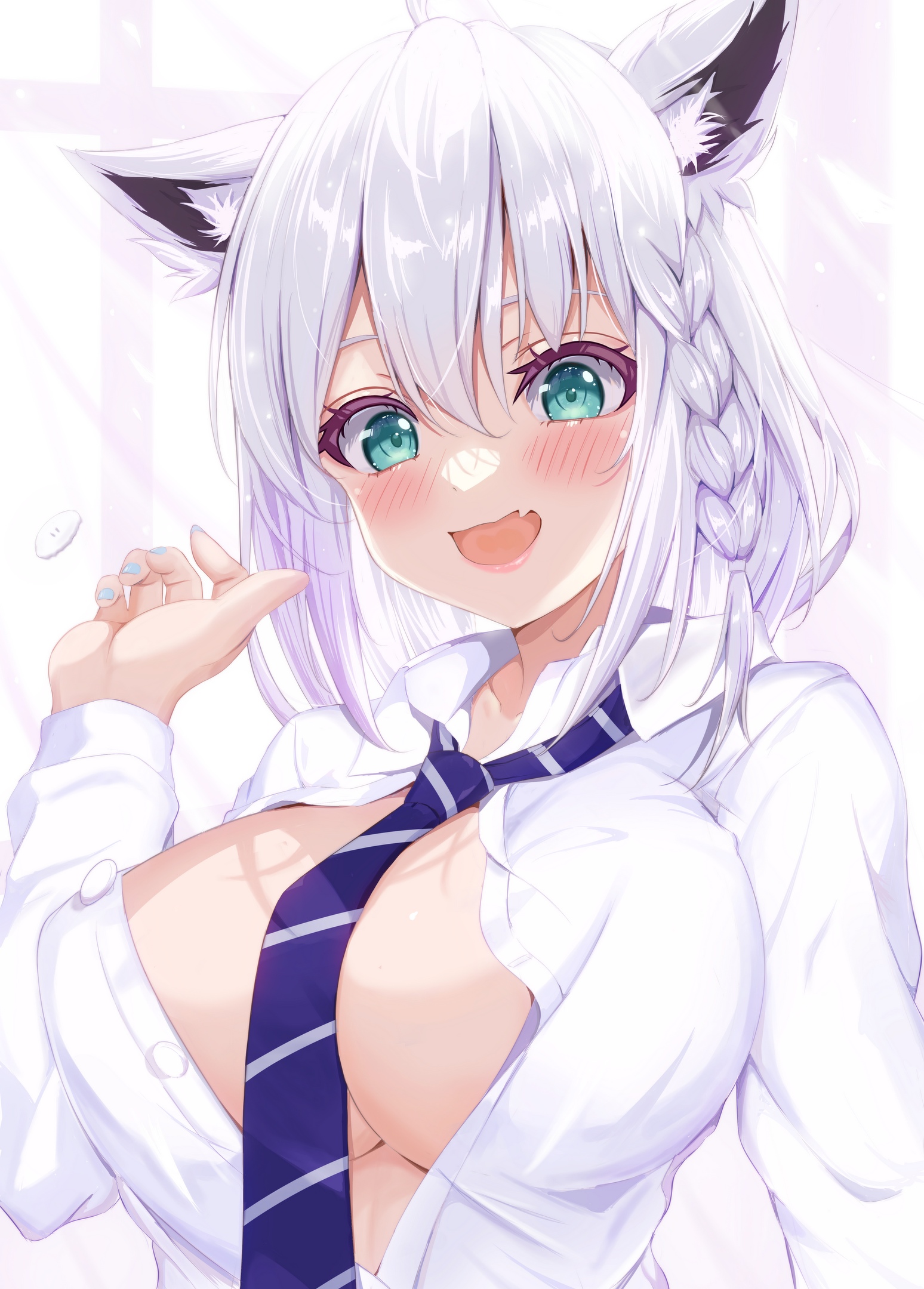 shirakami fubuki, hololive, virtual youtuber, highres, simple background, ahoge, animal ear fluff, animal ears, bangs, blush, braid, breasts, cotolet33, eyebrows visible through hair, female, fox ears, fox girl, green eyes, hair between eyes, huge breasts, long hair, necktie, oerba yun fang, open mouth, sidelocks, single braid, skin fang, smile, solo, white hair, 