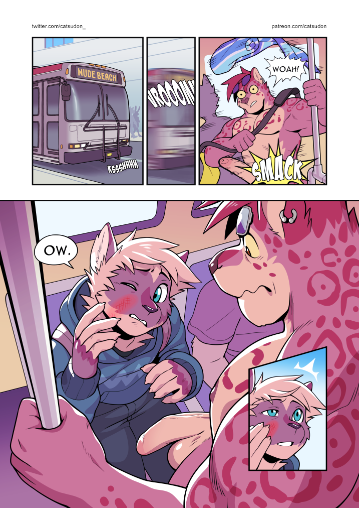 catsudon, 2020, comic, english text, text, anthro, balls, bottomwear, bus, clothing, cockslap, detailed background, eyewear, felid, feline, group, hair, hoodie, jaguar, male, male/male, mammal, muscular, muscular male, nipples, nude, pantherine, pants, pecs, penis, red hair, sunglasses, topwear, towel, uncut, vehicle, 