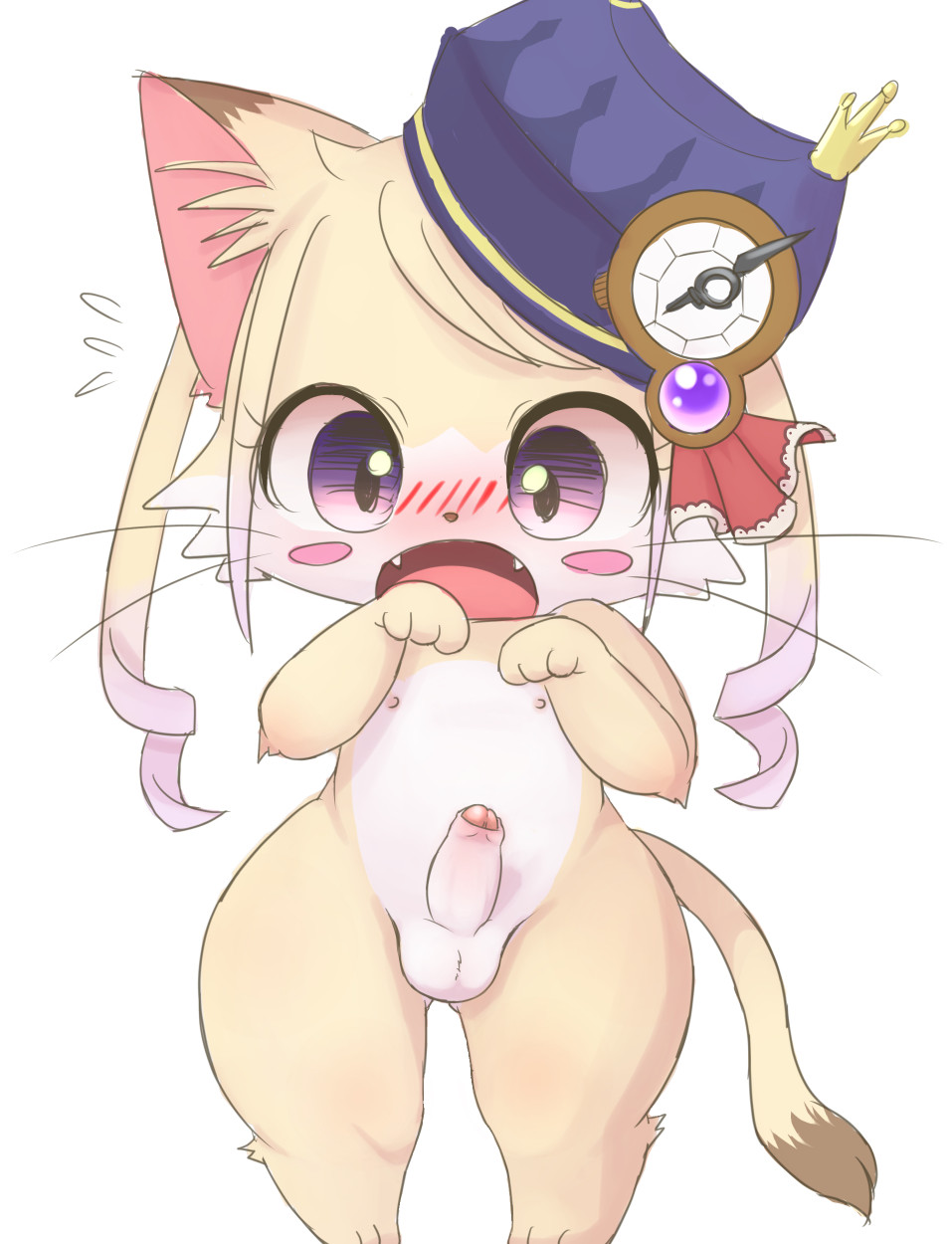 character request, hi res, simple background, white background, anthro, balls, blush, blush stickers, bunnag, clothing, domestic cat, embarrassed, erection, fangs, felid, feline, felis, foreskin, genitals, girly, hat, hat only, headgear, headgear only, headwear, headwear only, humanoid genitalia, humanoid penis, male, mammal, mostly nude, open mouth, partially retracted foreskin, penis, solo, standing, thick thighs, wide hips, 